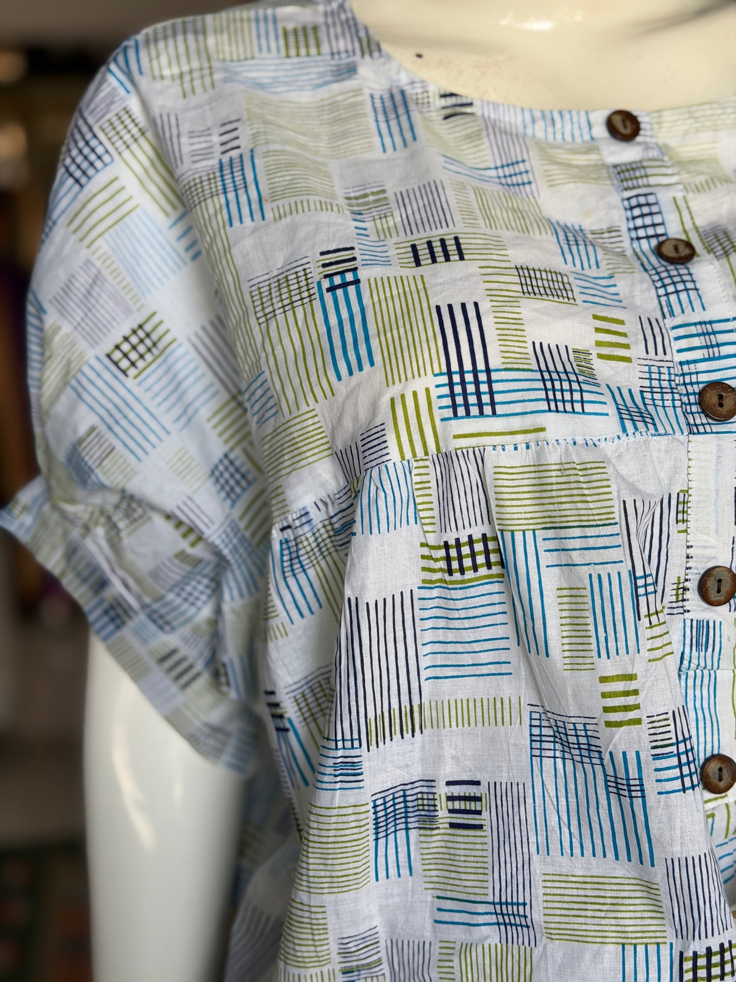 White hand block printed cotton top with blue green lines - pleated yoke and elastic hem