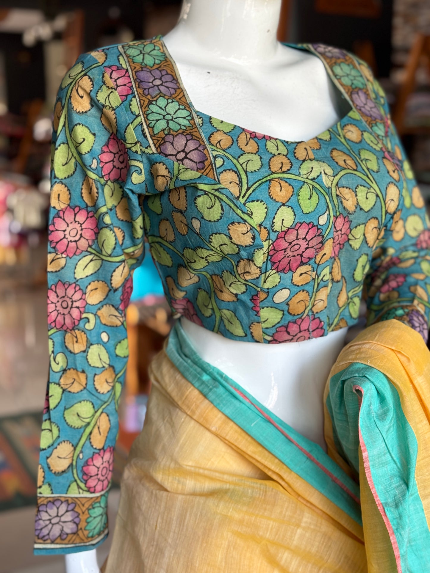 Blue Pen kalamkari hand painted cotton blouse with long sleeves