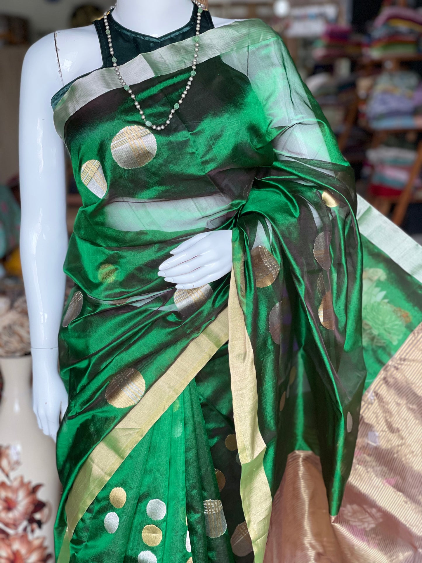 Green Chanderi silk handwoven saree with gold and silver ball butis