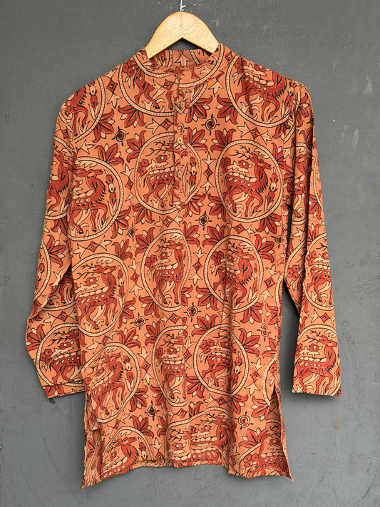 Rust tone deer design hand block printed long cotton kurta for boys