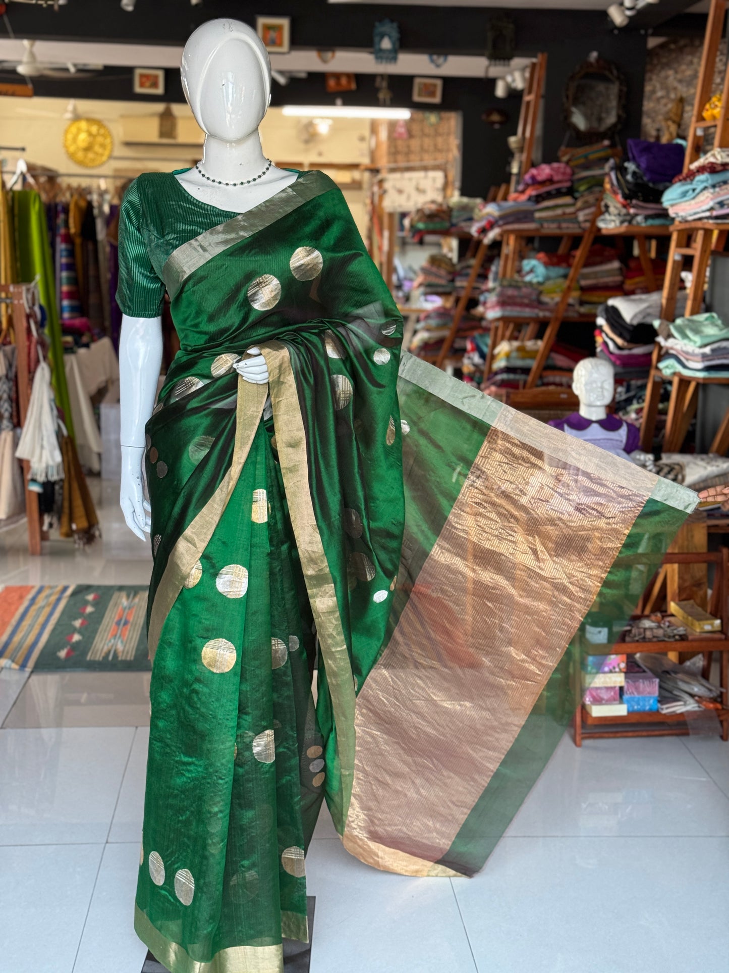 Green Chanderi silk handwoven saree with gold and silver ball butis