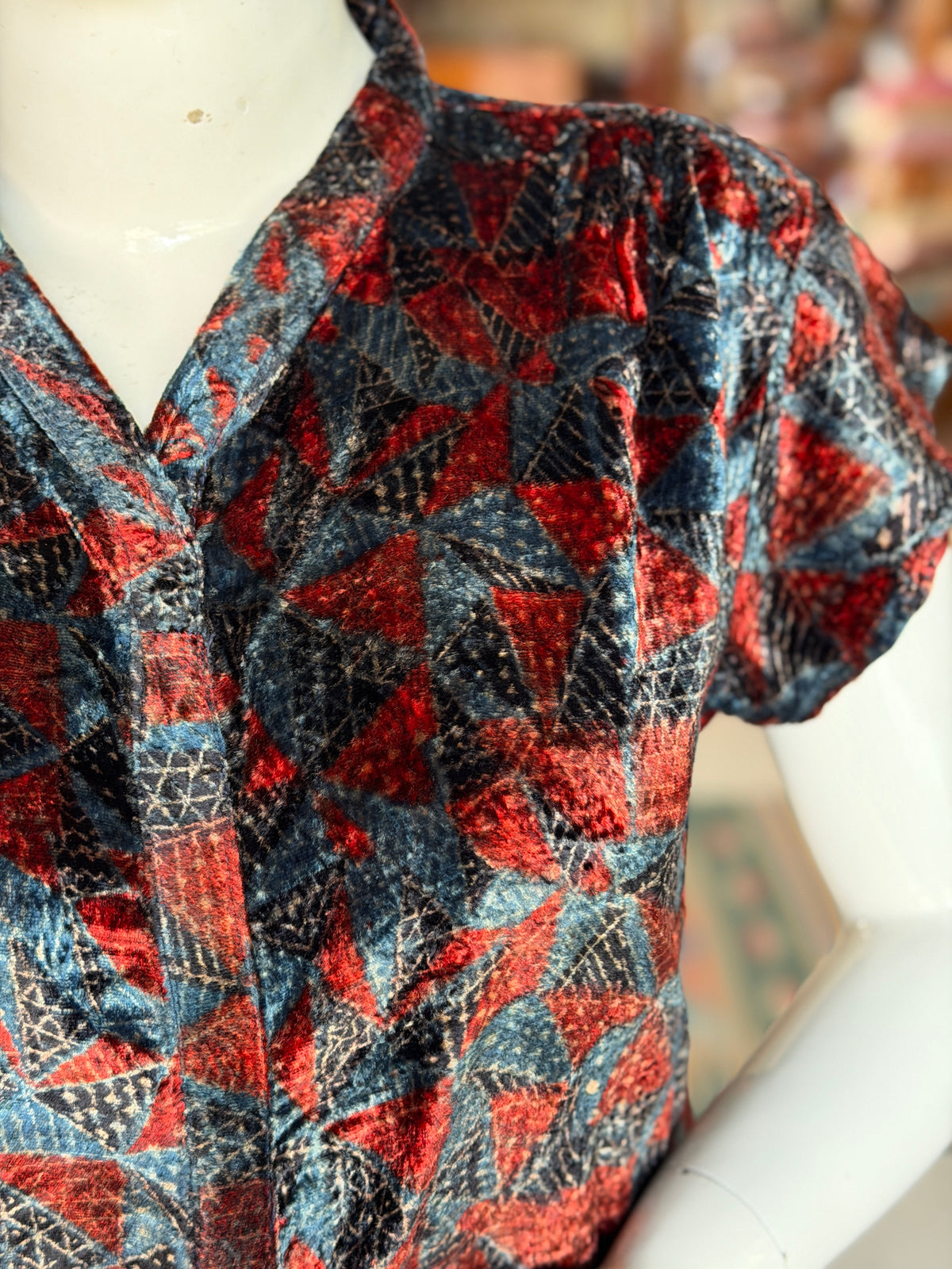 Indigo velvet Ajrakh hand block printed top