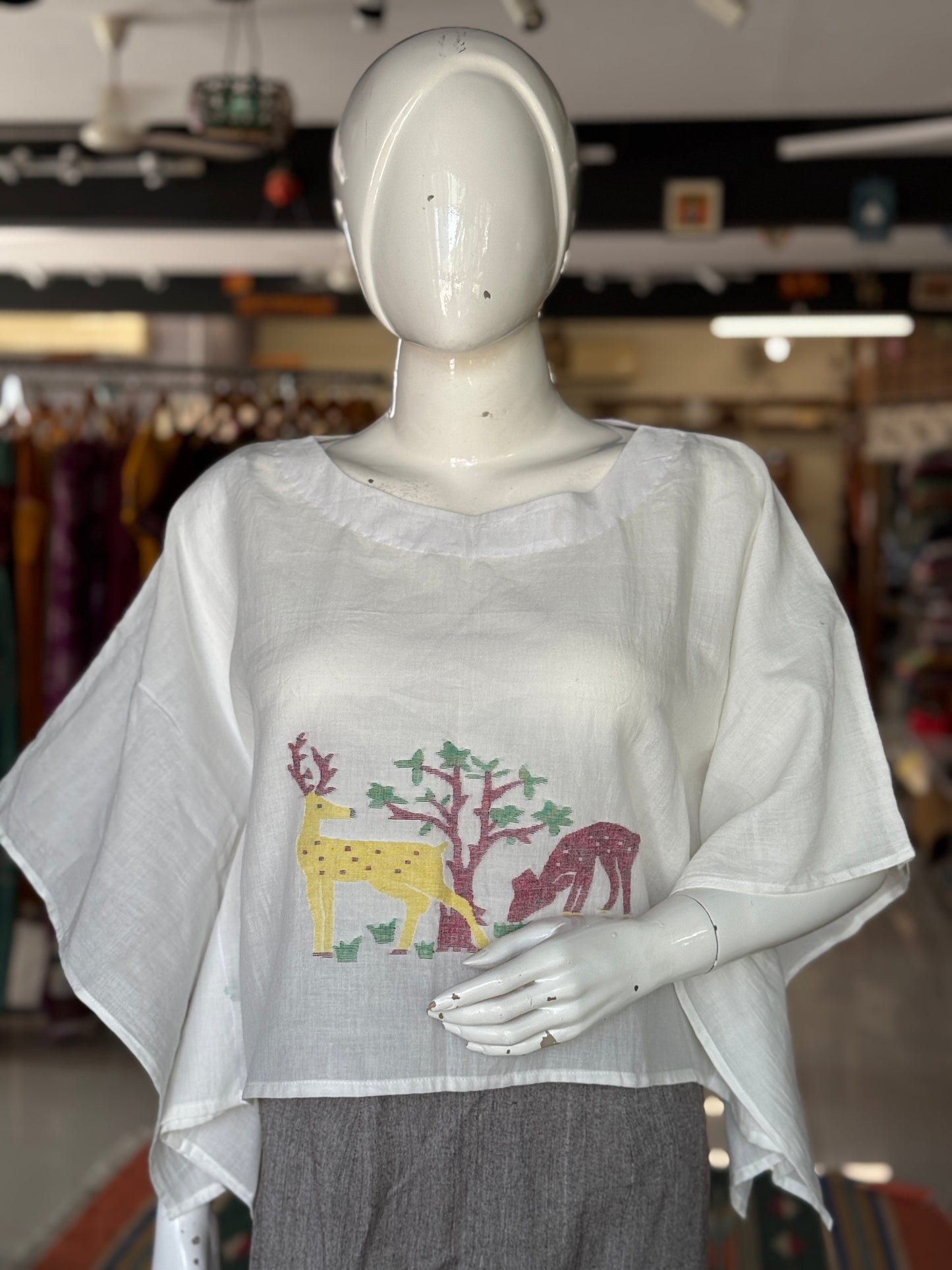 Deer grazing white Jamdani cotton handloom kaftan top