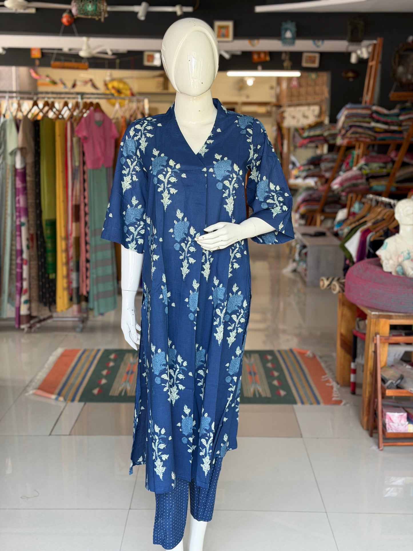 Indigo blue cotton front pleated kurti, pants - 2 piece set