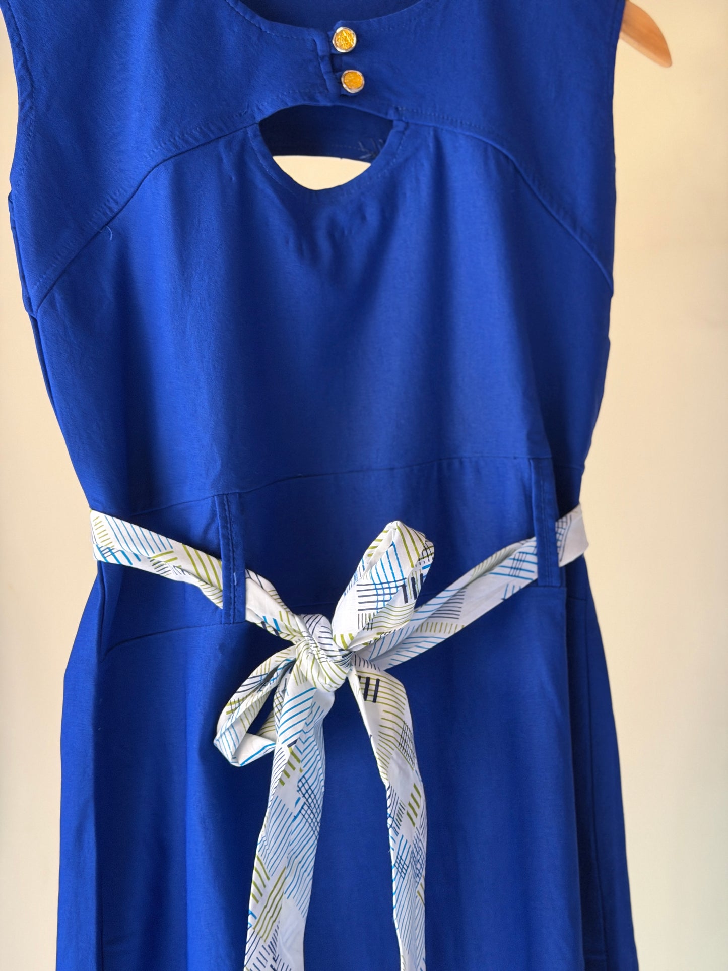 Royal blue sleeveless stretchable lycra dress with contrast white belt