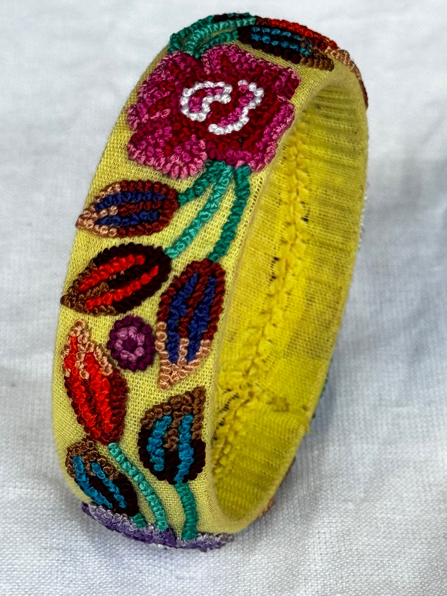 Yellow french knot floral hand embroidered bangle - single