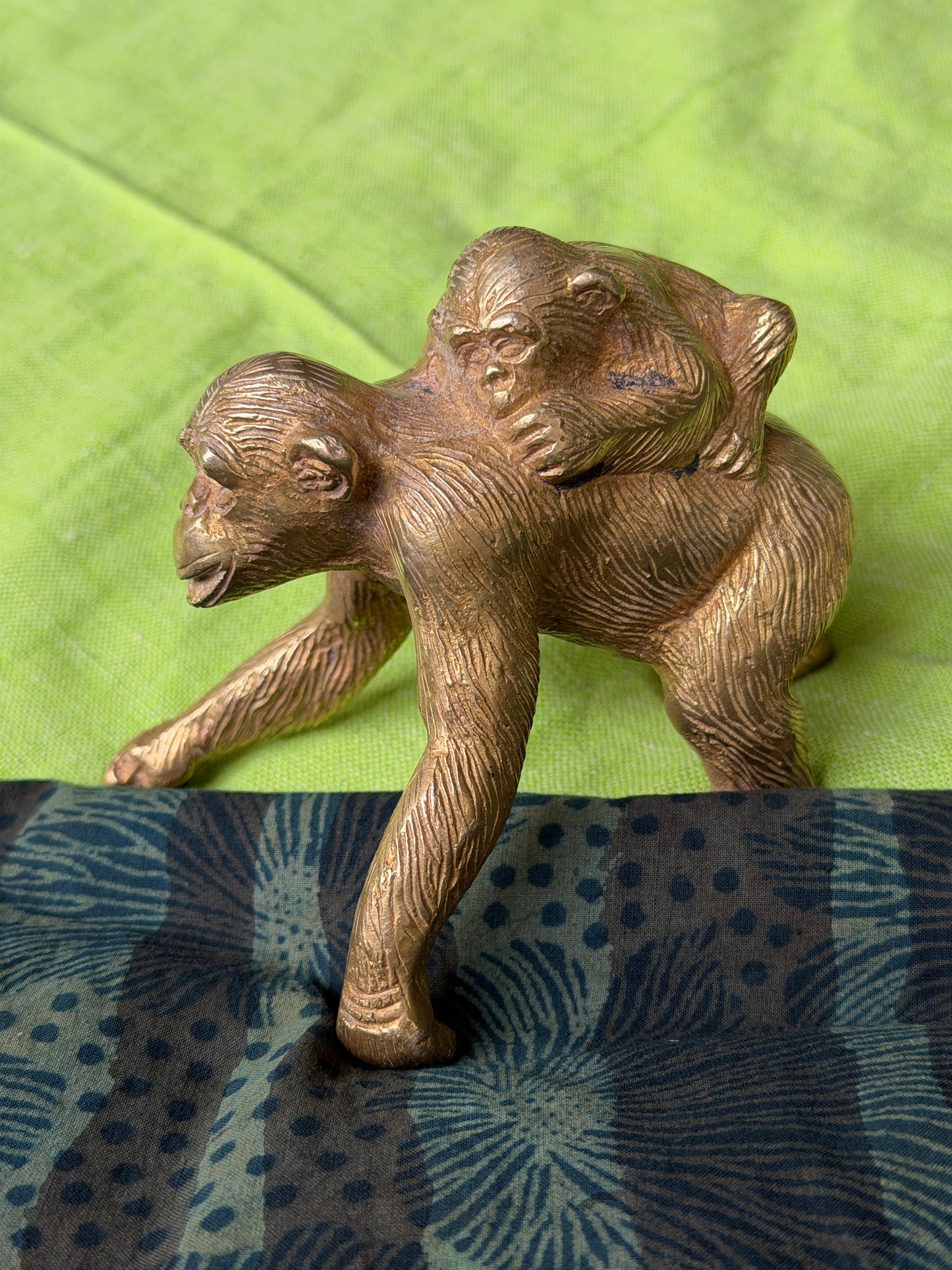 Motherly love - handcrafted brass vintage piece of mom ape carrying child ape on back