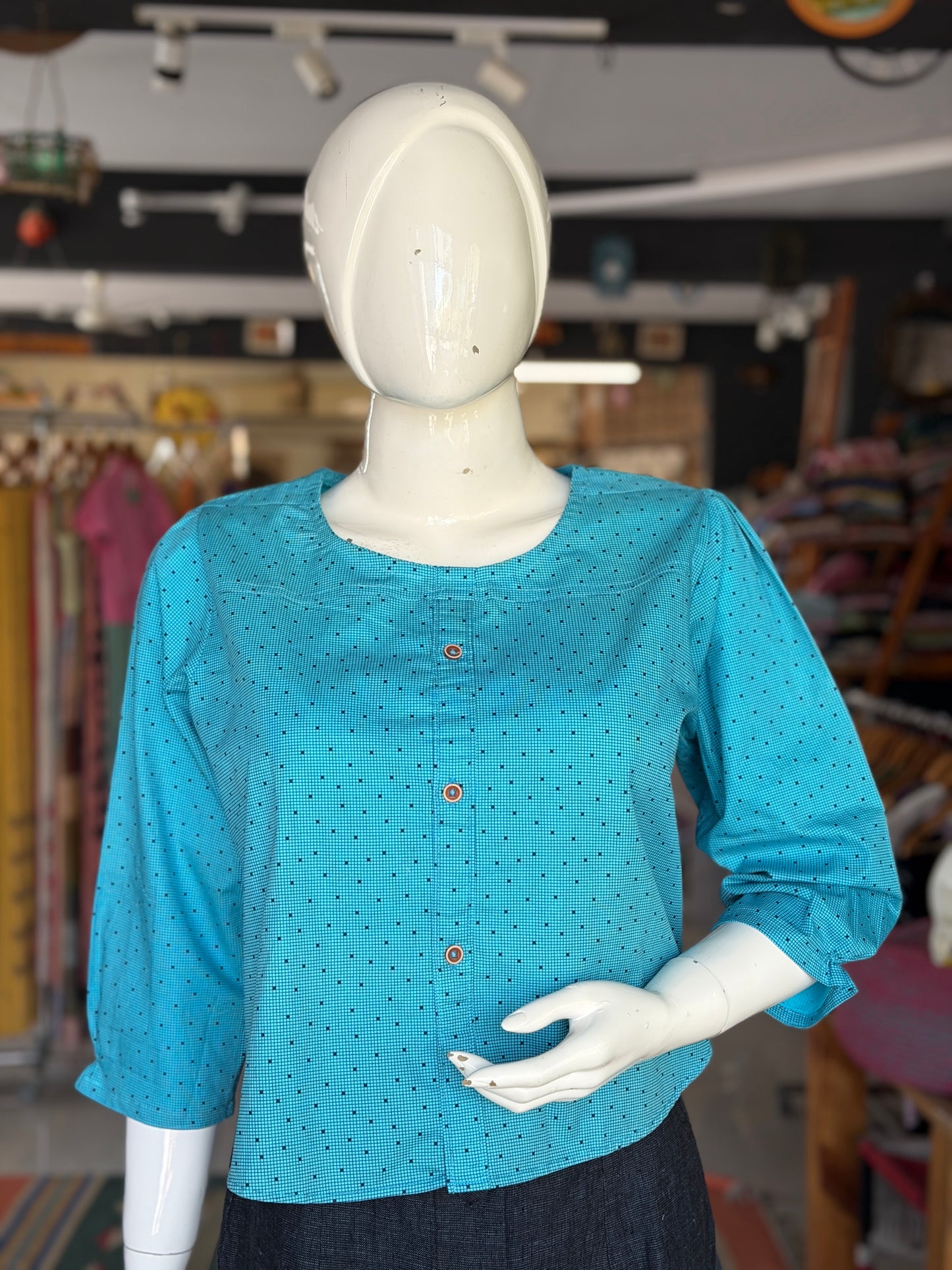 Blue dots print cotton top with front button detailing