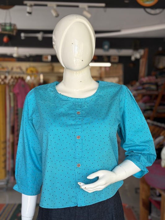Blue dots print cotton top with front button detailing