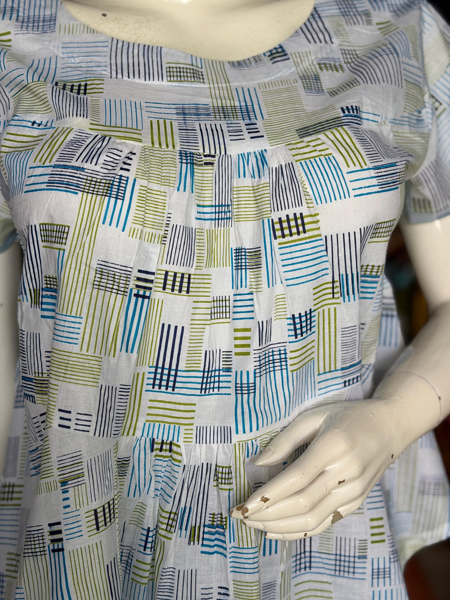 White tiered frills cotton top - hand block printed with blue green lines