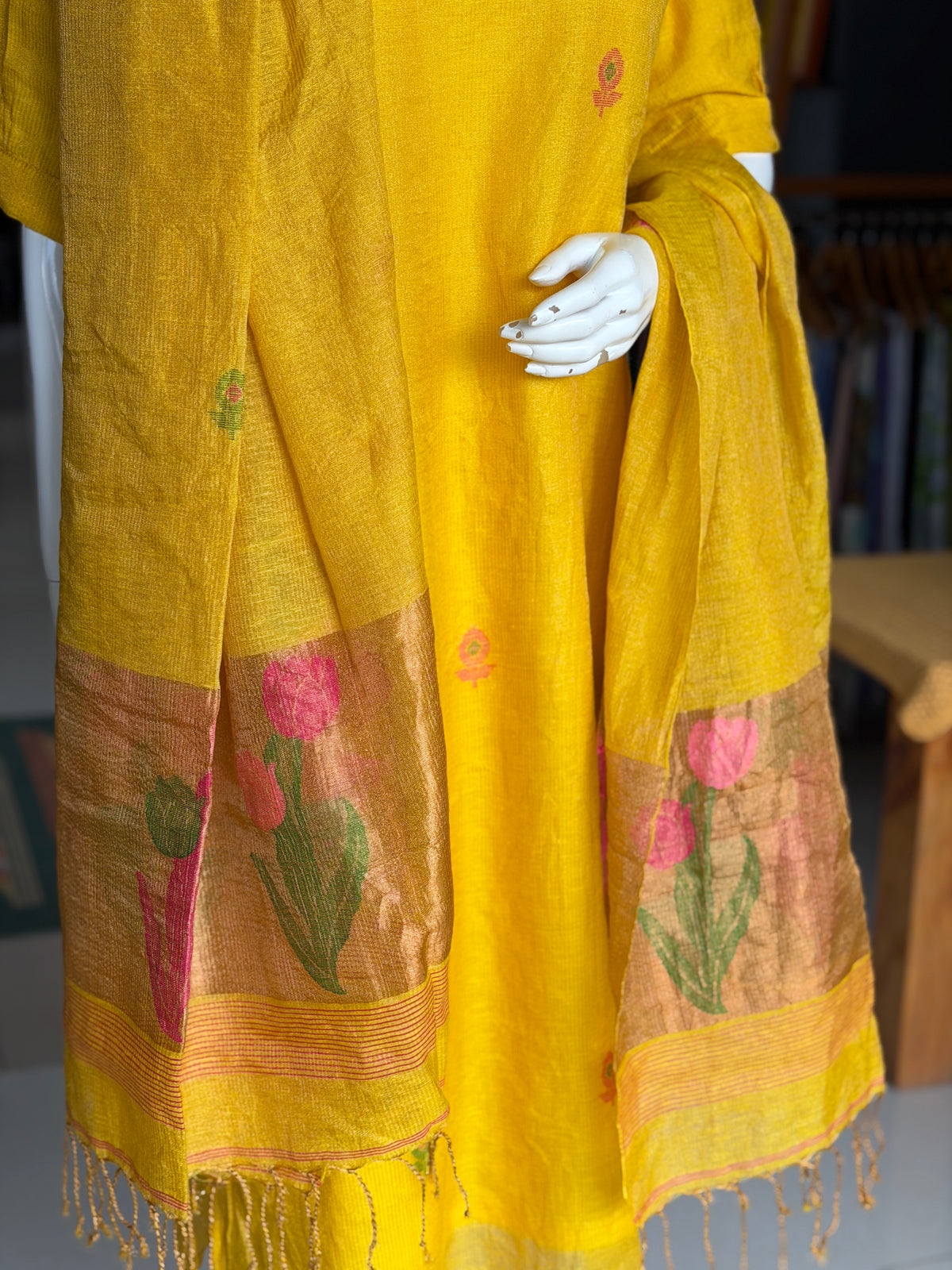 Yellow silk tissue linen handwoven Jamdani - kurti n dupatta 2 piece set