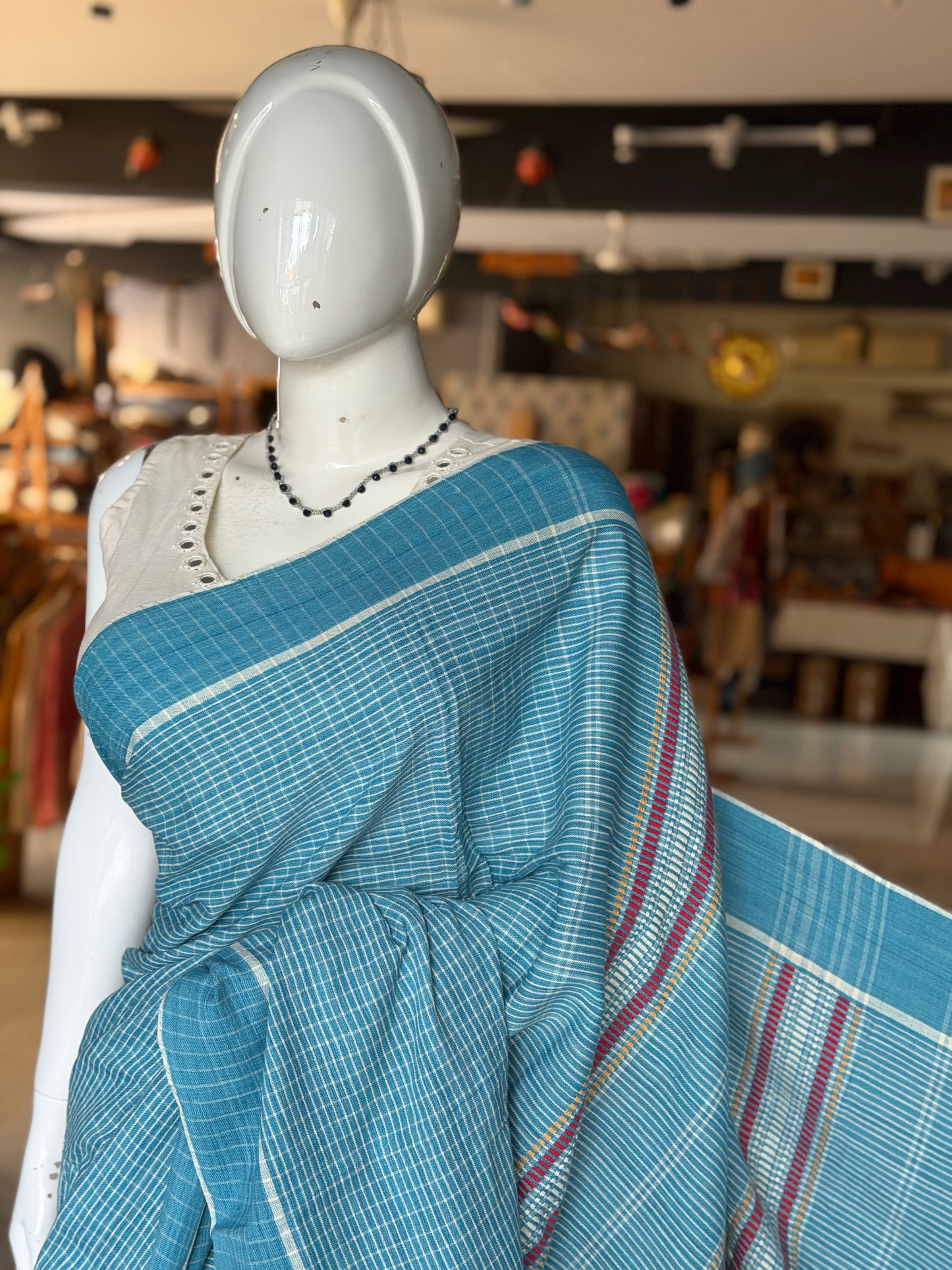 Blue n white fine rectangles handloom Baiga cotton saree