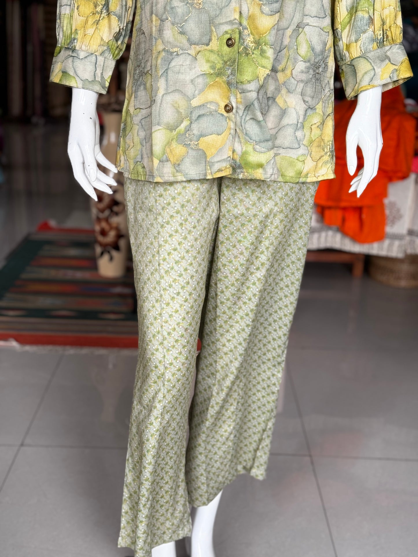 Light green floral print collared rayon cotton top with long sleeves and pants set