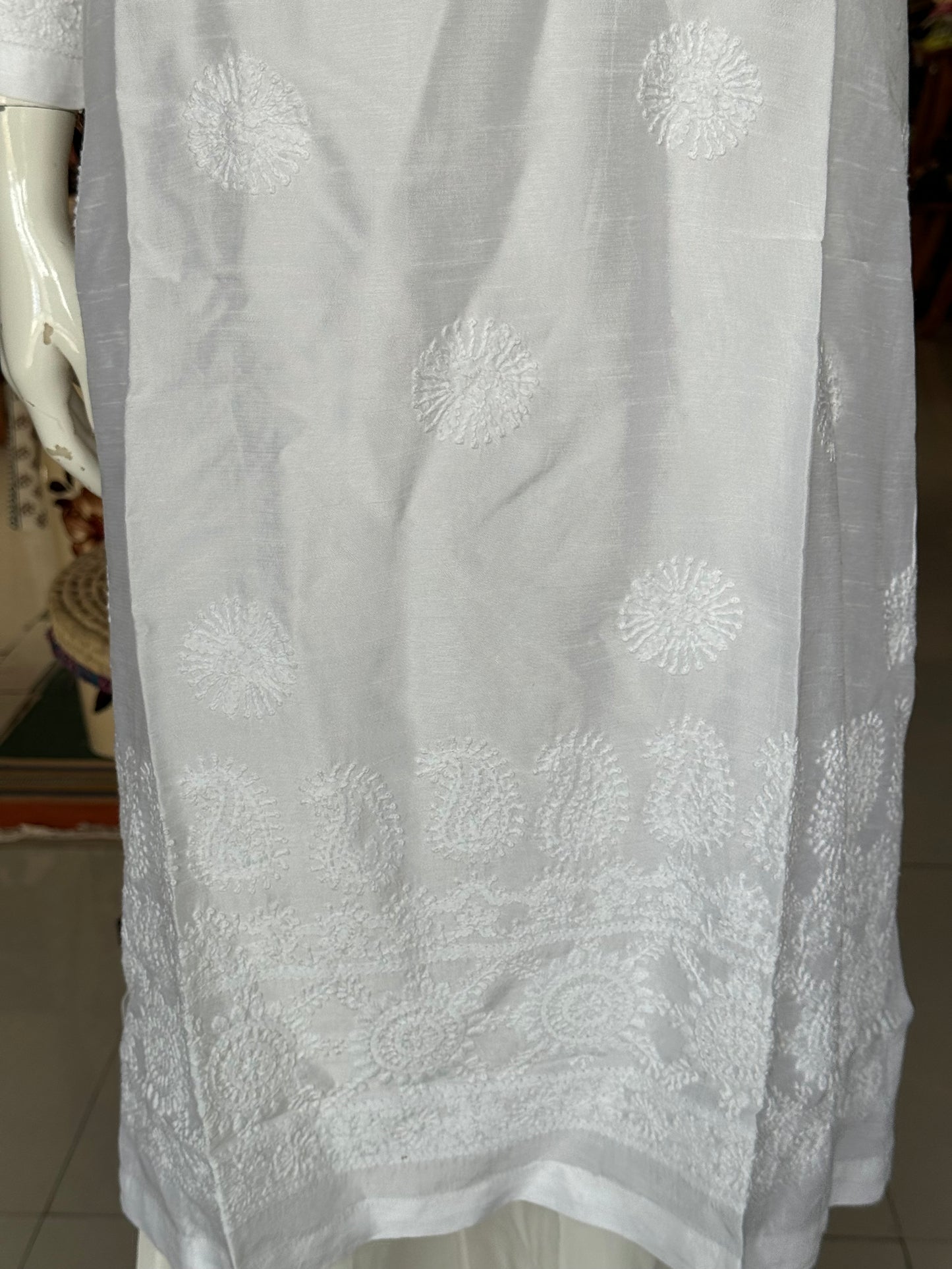 White chikankari hand embroidered straight cuts raw silk kurti