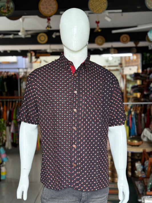 Black dots print half sleeves mens natural dye, hand block printed cotton shirt