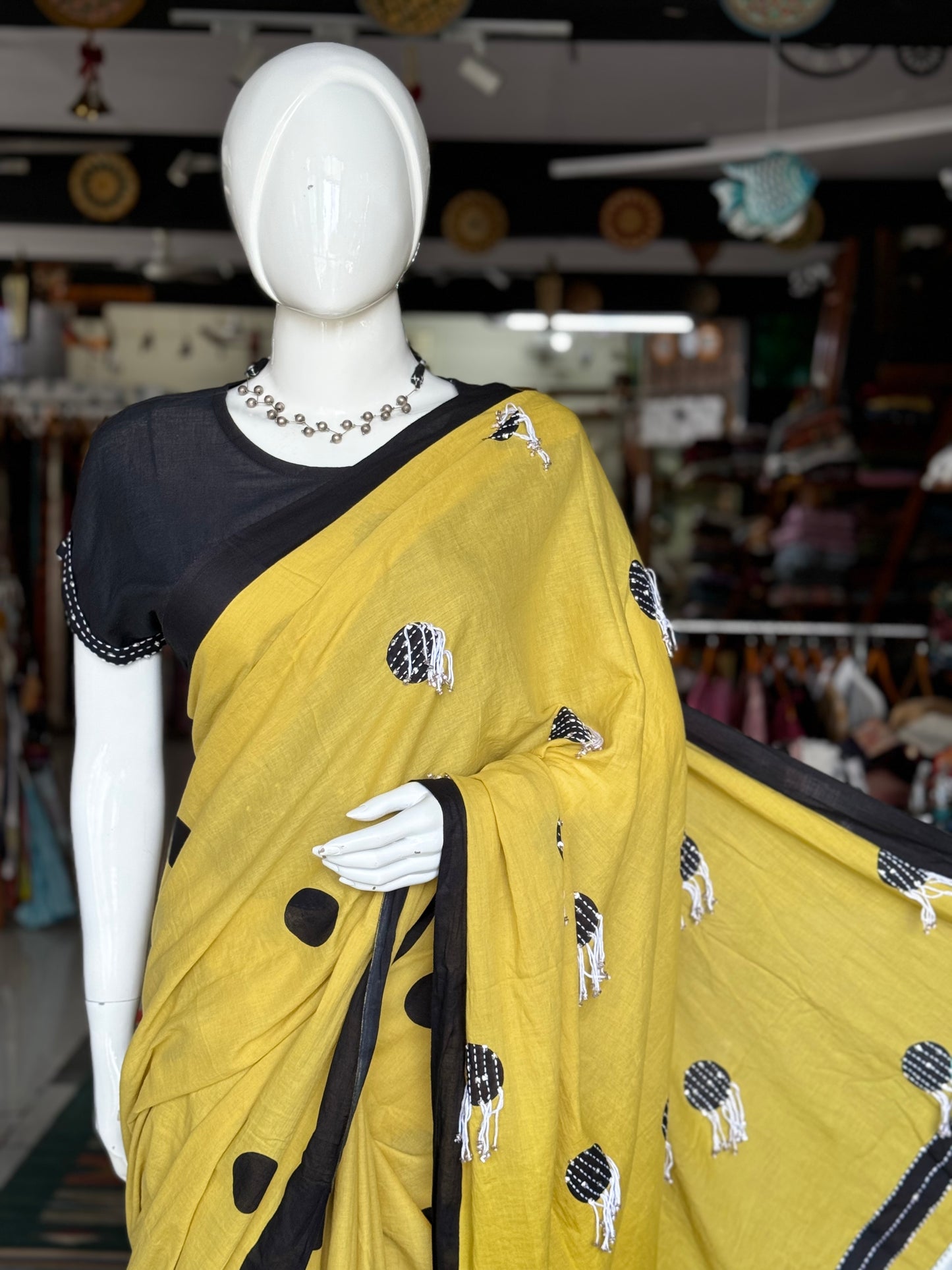 Yellow hand embroidered designer soft cotton saree