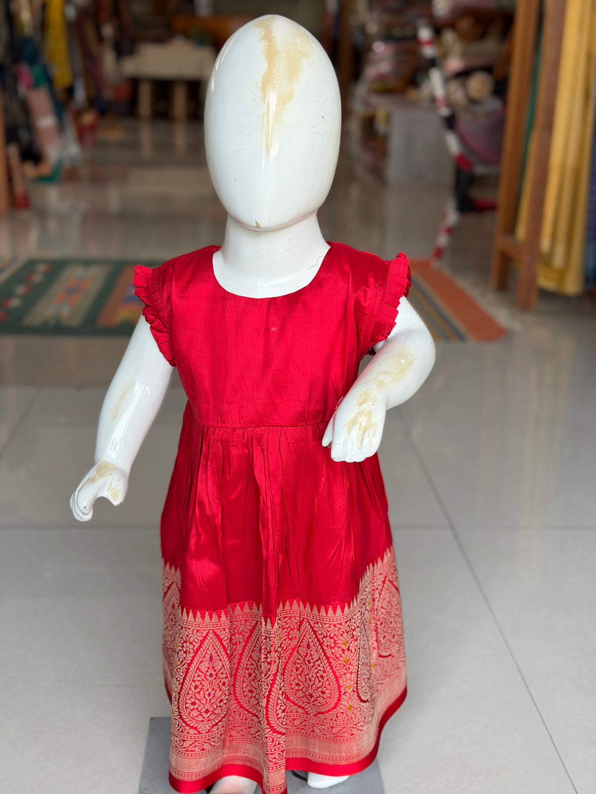 Red pure silk hand woven frock for girls