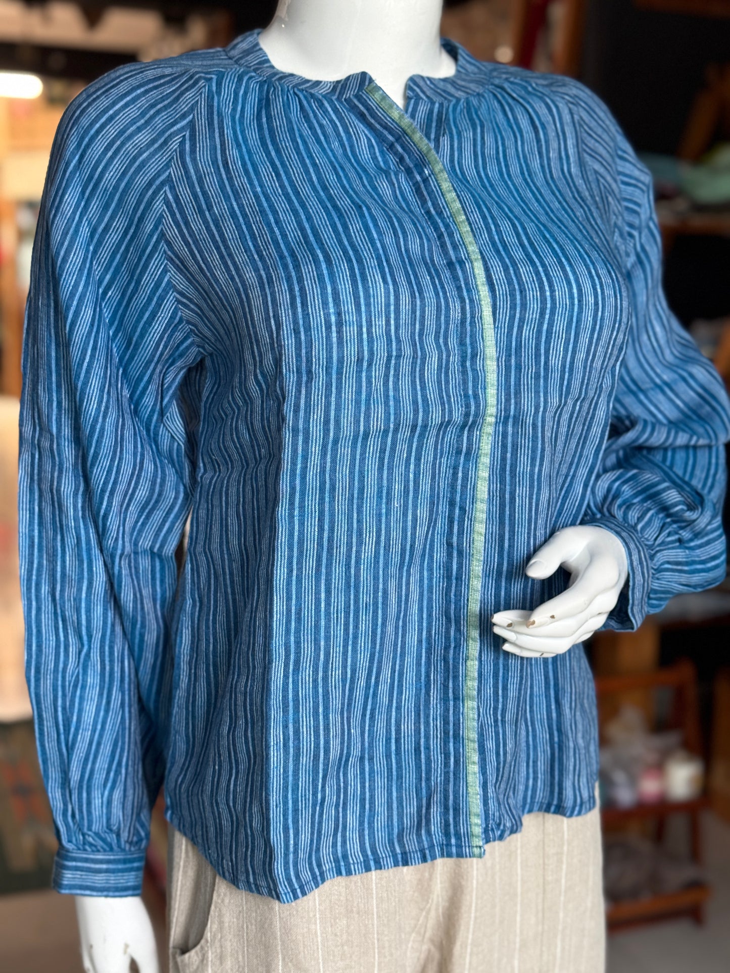 Indigo stripes linen hand woven shirt top with round neck and raglan long sleeves