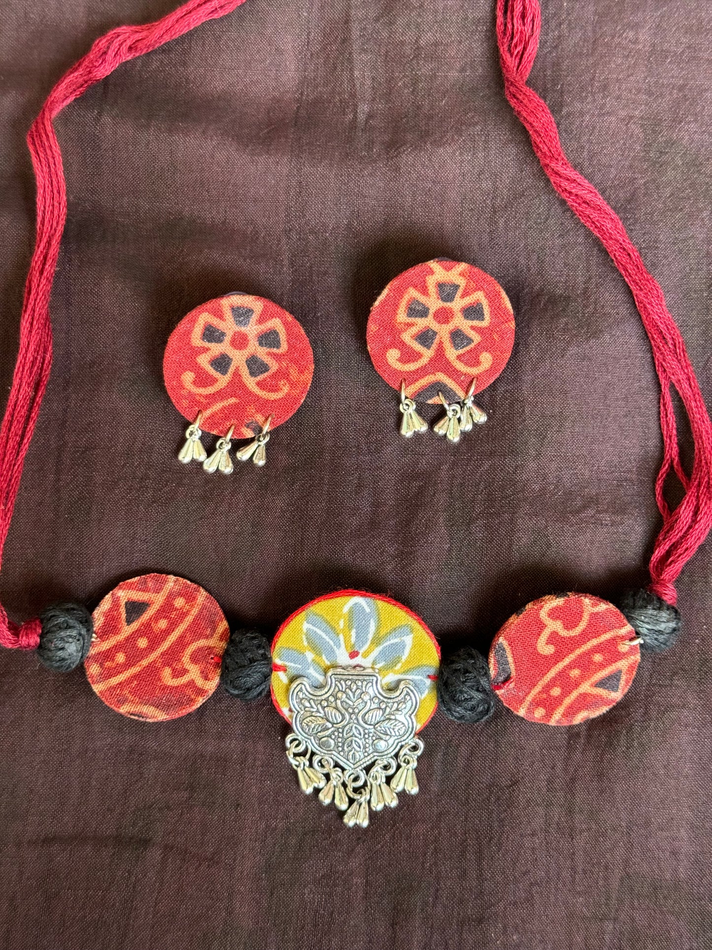 Hand block printed cotton fabric and oxidised silver handcrafted choker neckpiece and earrings set