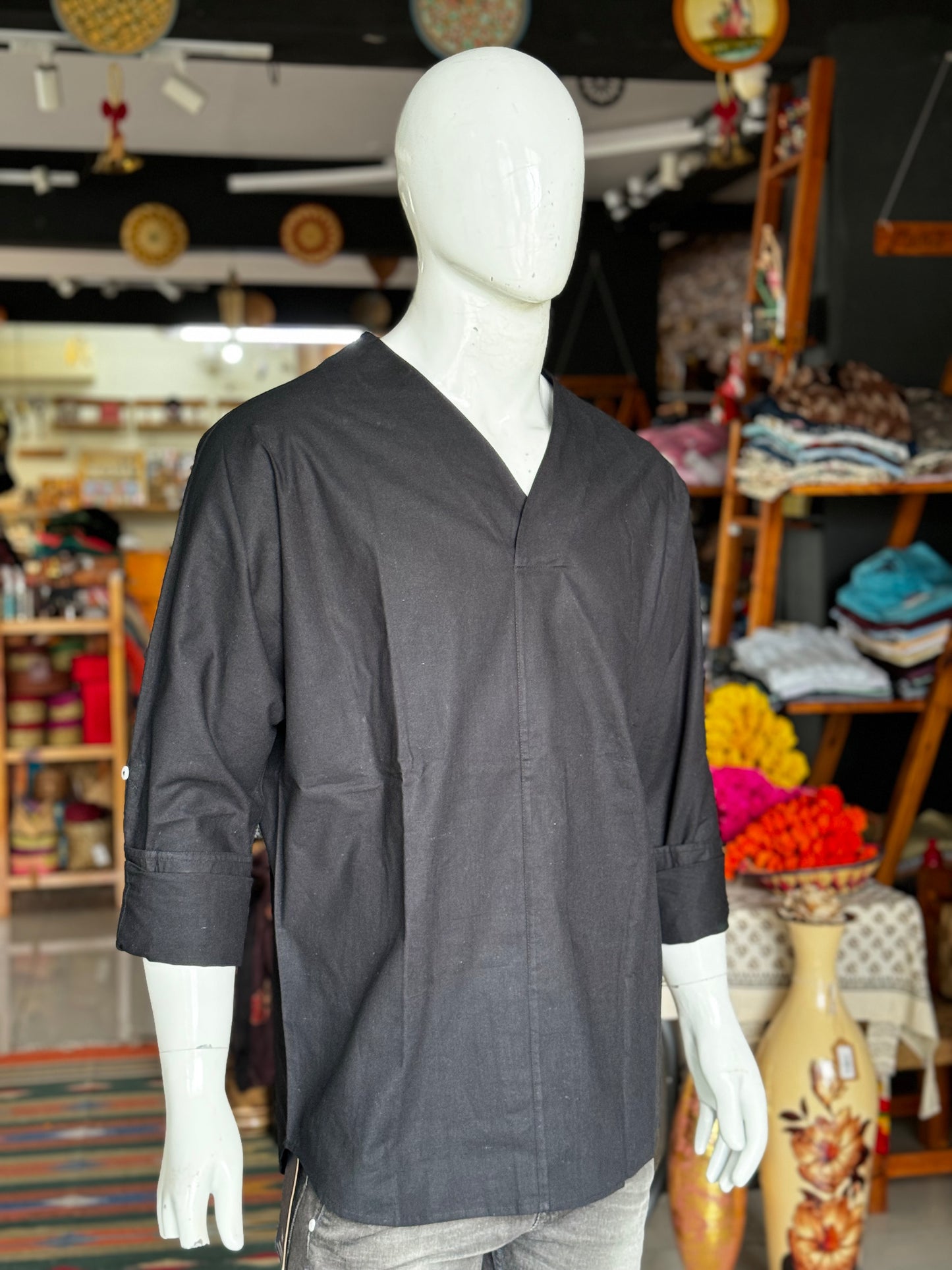 Black V neck linen cotton designer kurta for men