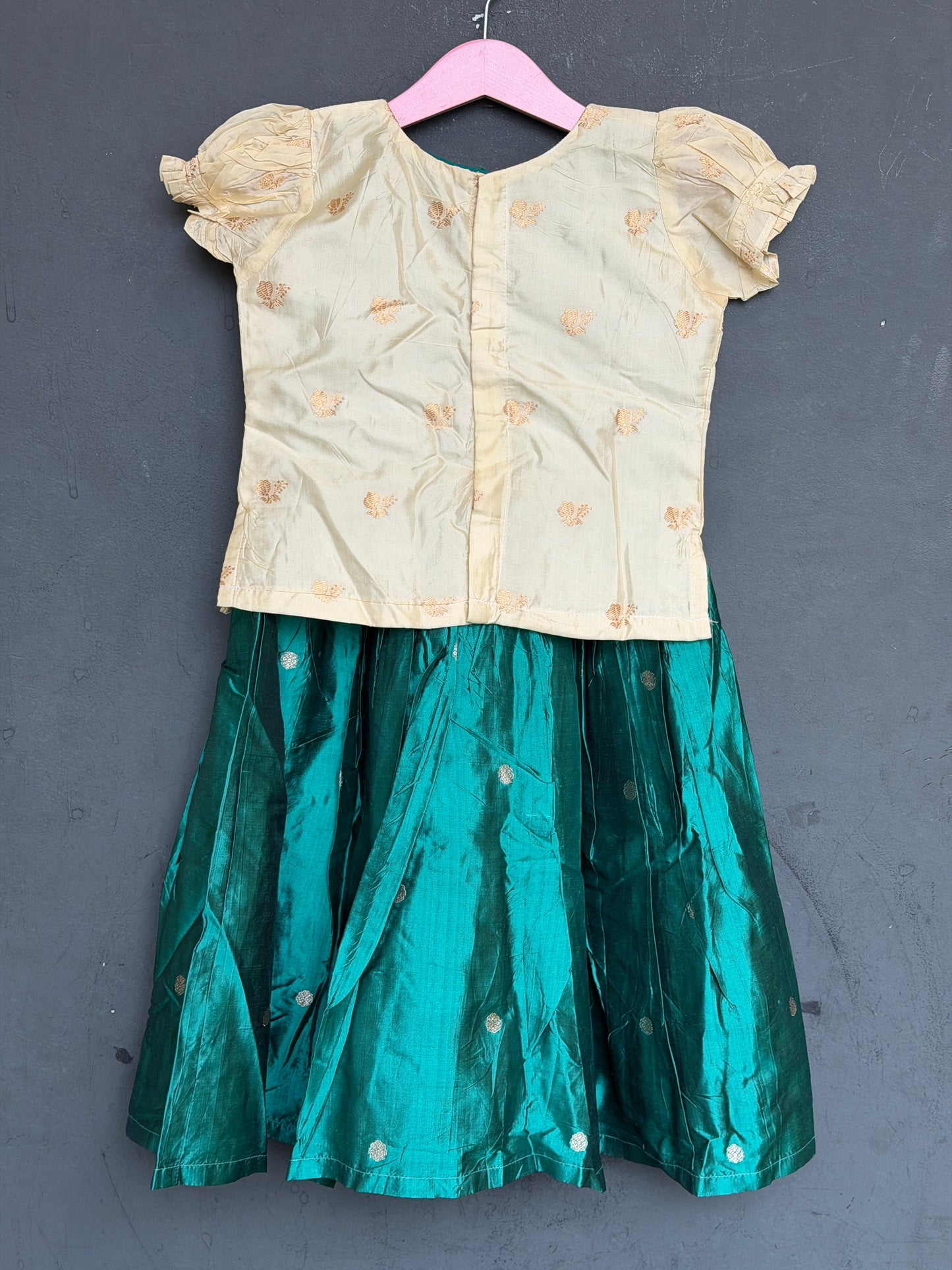 Turquoise lehenga with butis and cream blouse - handwoven pure silk lehenga (pattu langa jacket) blouse set