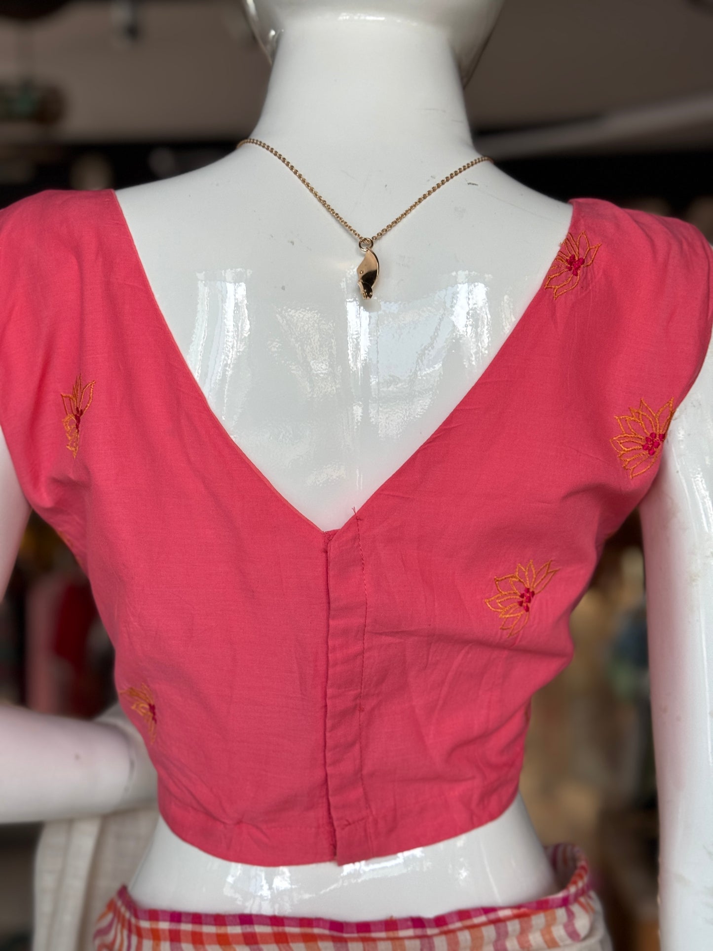Pink cotton sleeveless blouse with floral machine embroidery - front boat neck, back v-neck