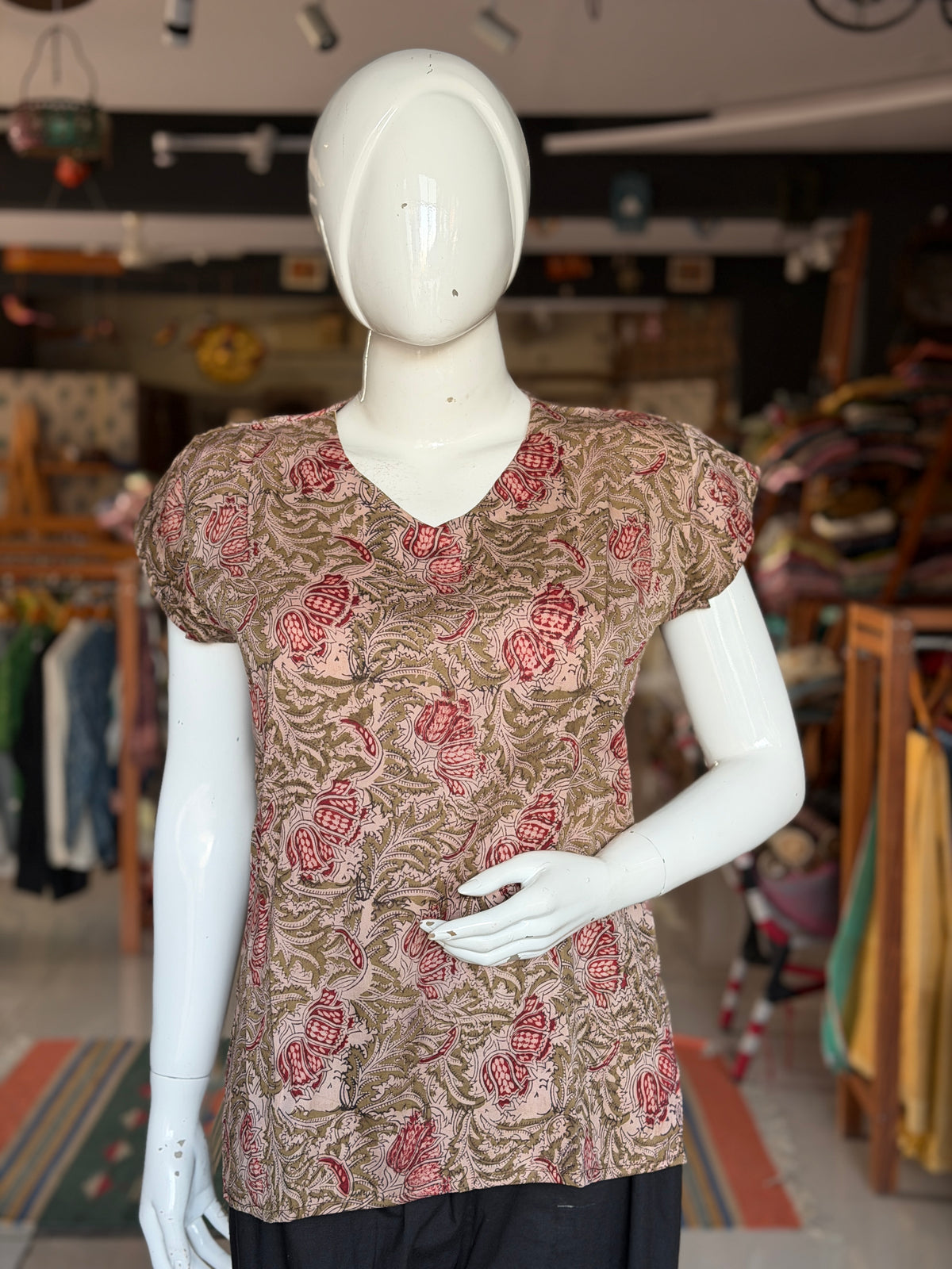 Green Kalmakari hand block printed short kurti top - hand block printed, natural dyed, Kalamkari satin cotton top