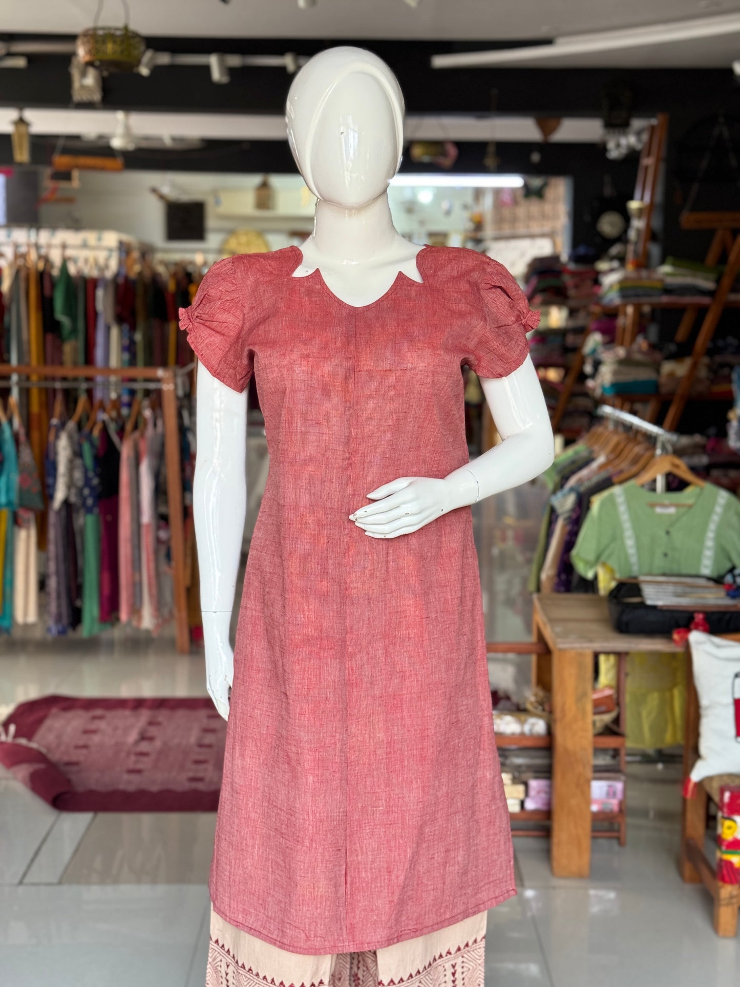 Maroon stripes handwoven cotton straight kurti with fancy neckline and sleeves