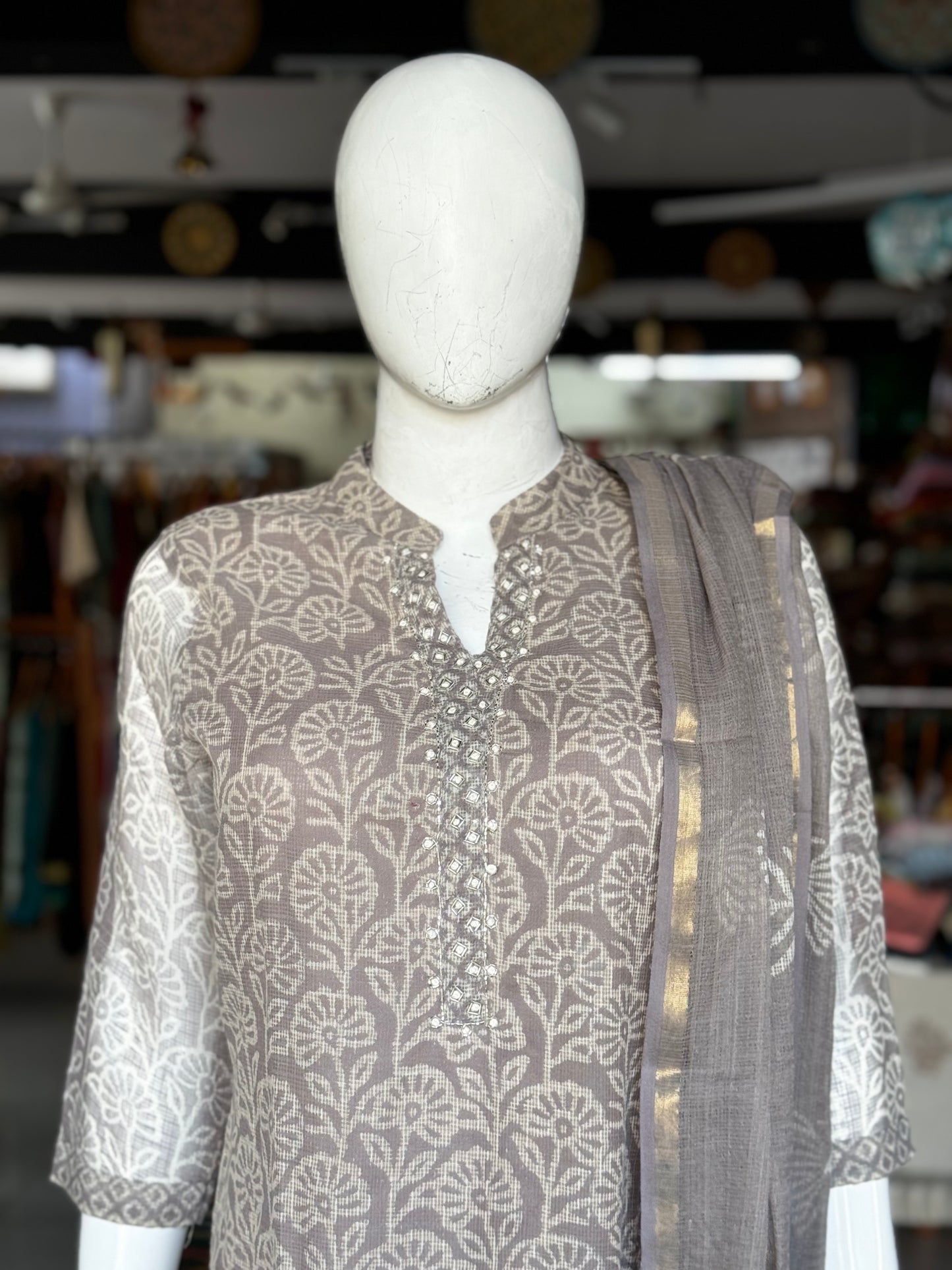 Grey floral print kota cotton straight Kurti, pants and dupatta set - with hand work on yoke