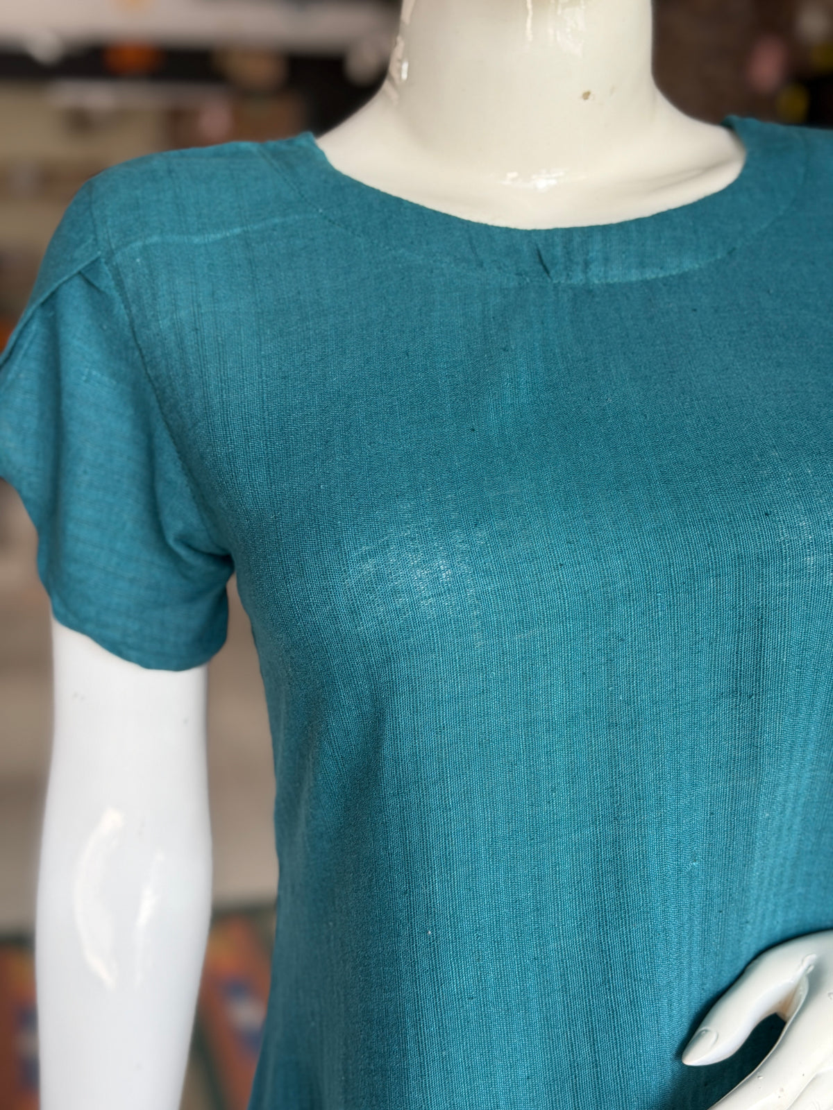 Teal textured cotton hand spun, hand woven a-line dress