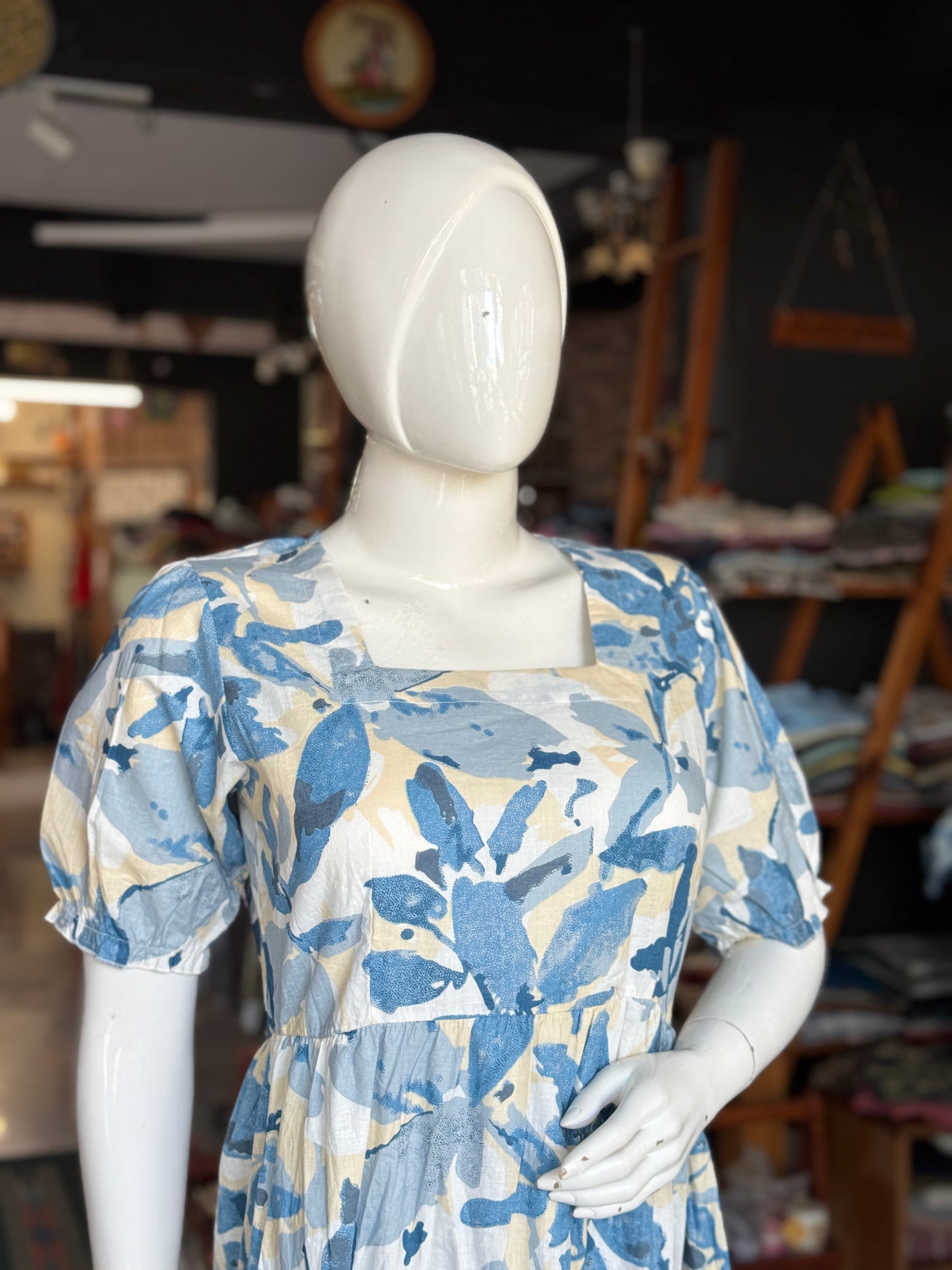 Printed tiered square neck cotton dress with elastic sleeves