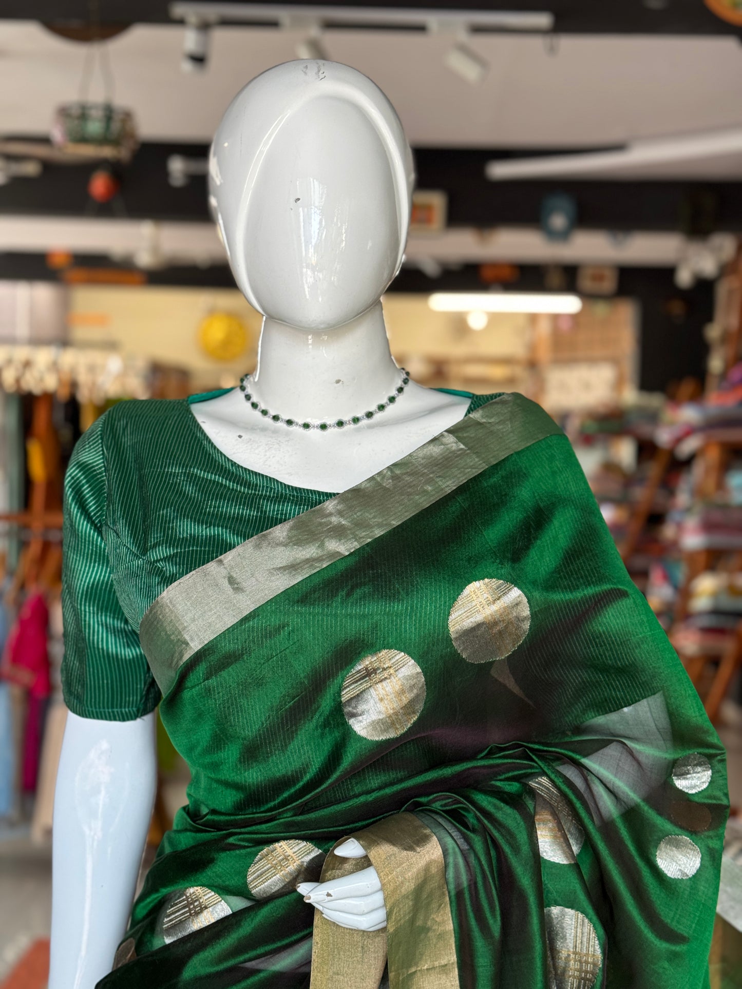Green Chanderi silk handwoven saree with gold and silver ball butis