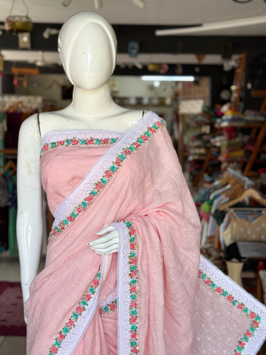 Linen light Pink saree with hand made ribbon rose lace