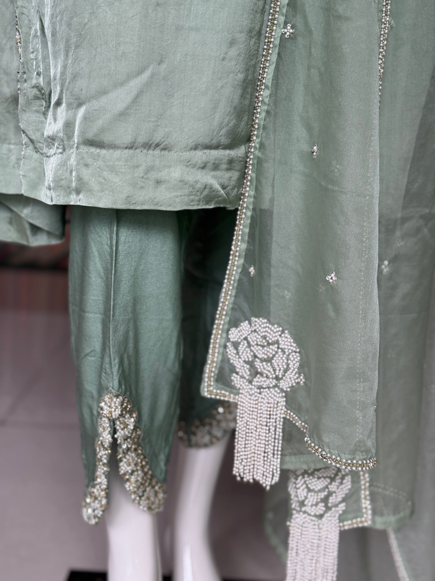 Pastel green magic - hand embroidered long satin georgette kurti, cotton silk pants, organza dupatta - 3 piece set