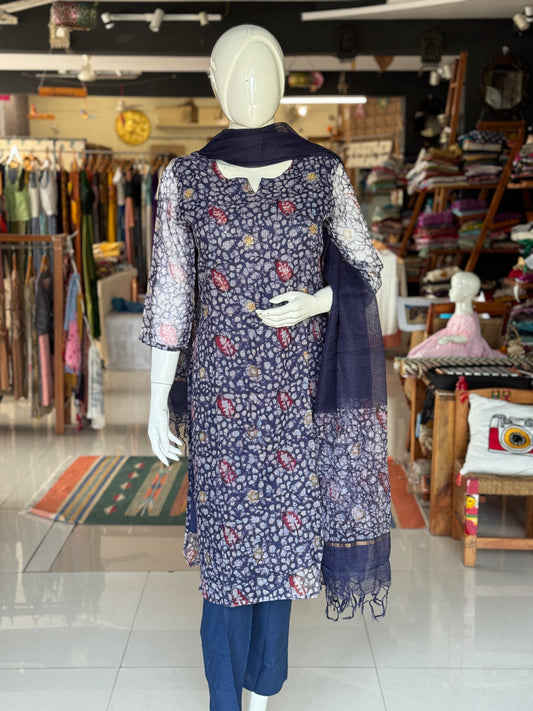 Blue batik hand block printed kota cotton straight kurti, pants and dupatta set - with hand embroidery