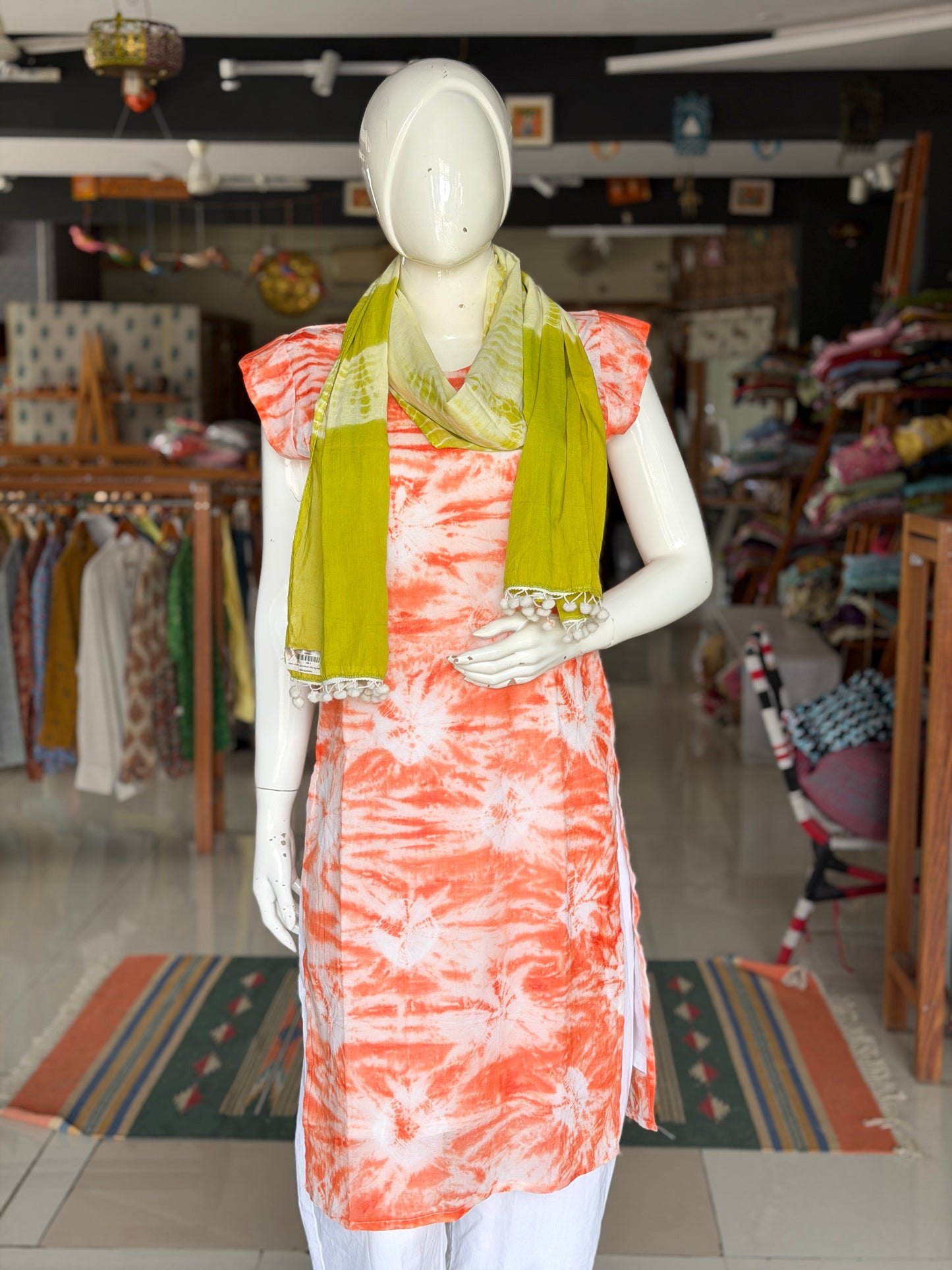 Orange and white tie n dye cotton kurti