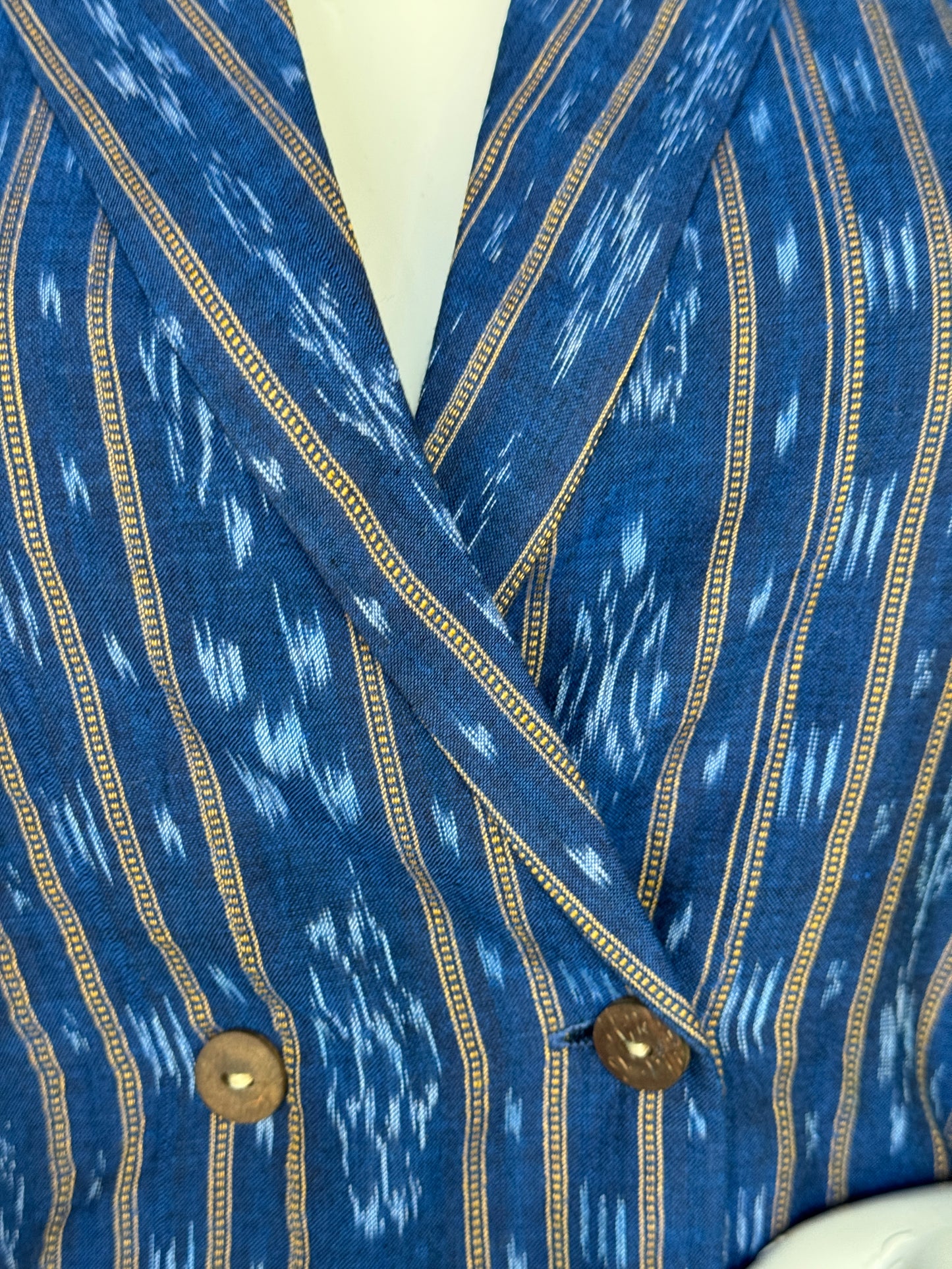 Blue Ikat handwoven collared cotton sleeveless gilet jacket top and pants coord set