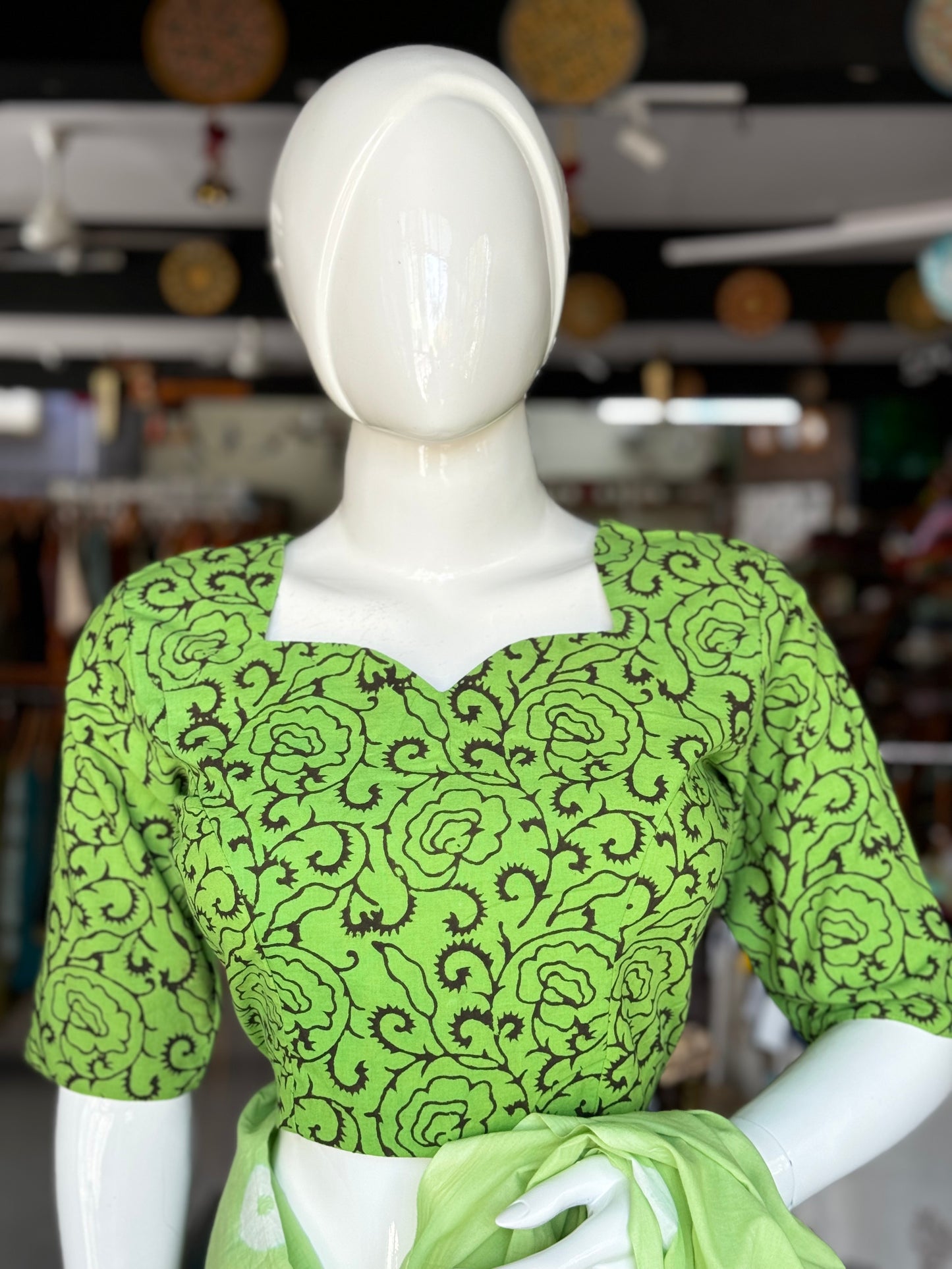 Green hand block printed princess cut back open cotton blouse with lining