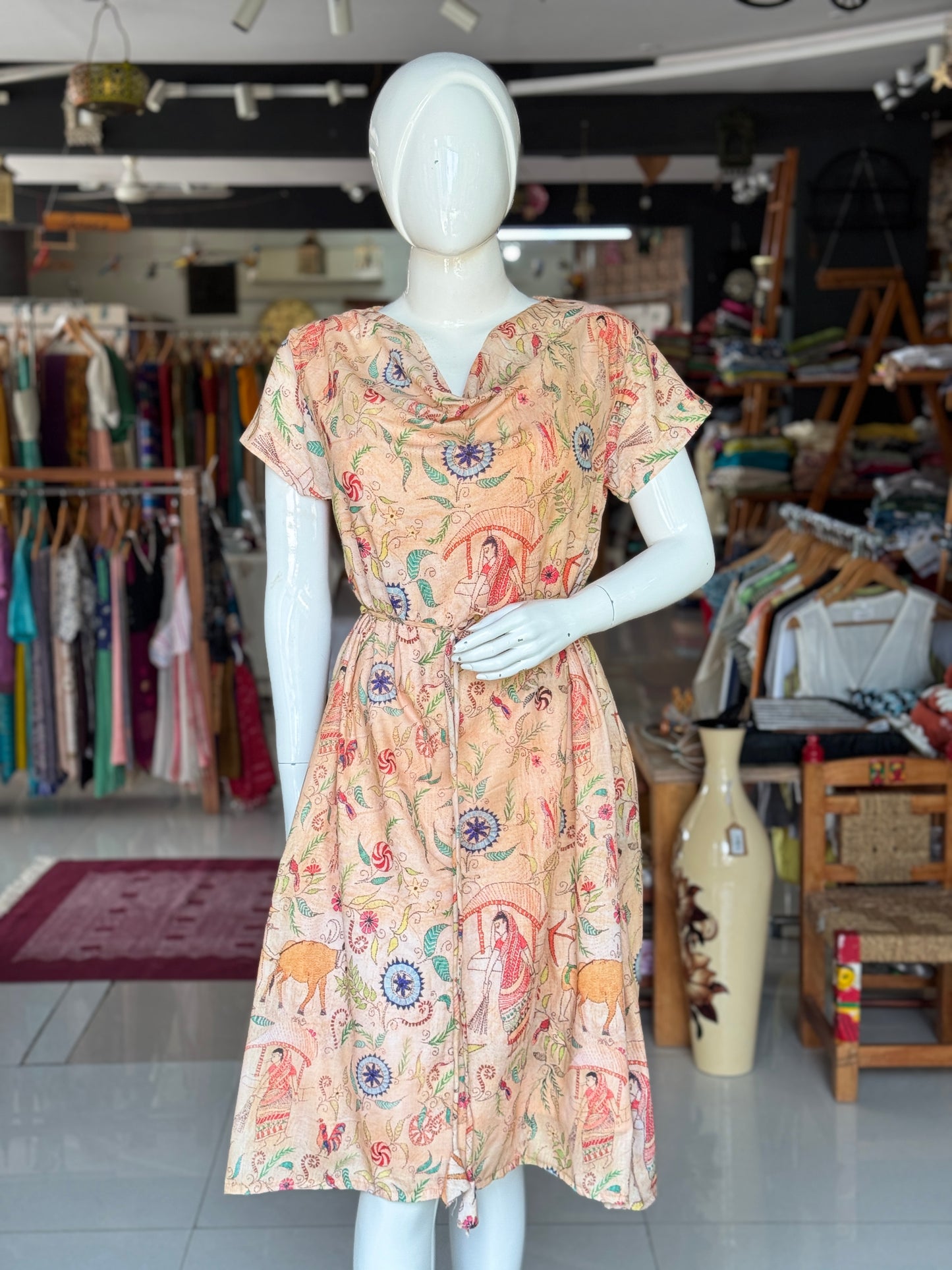 Cowl neck digital printed sandal tone relaxed fit dress