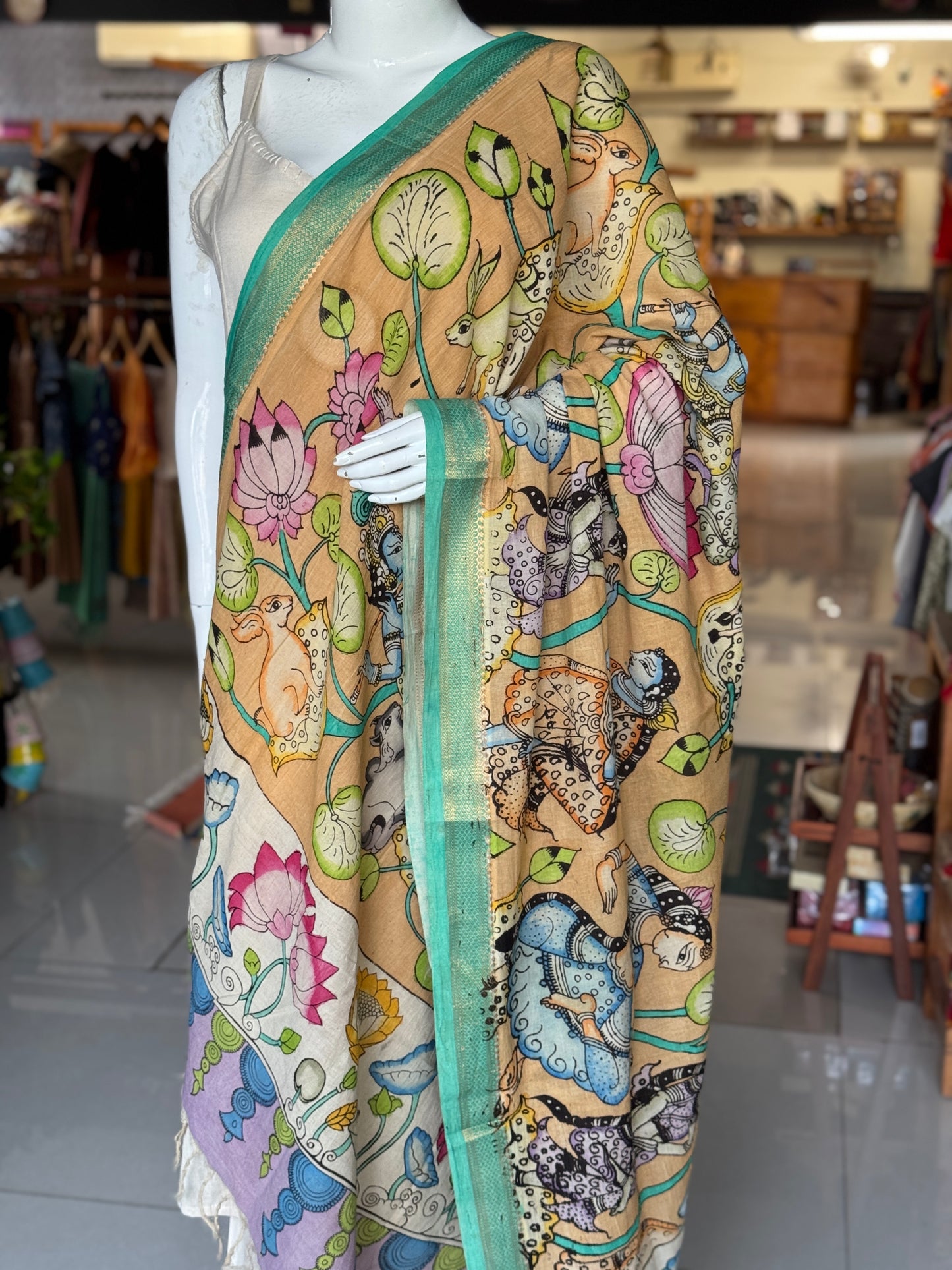 Pen Kalamkari hand painted cotton dupatta