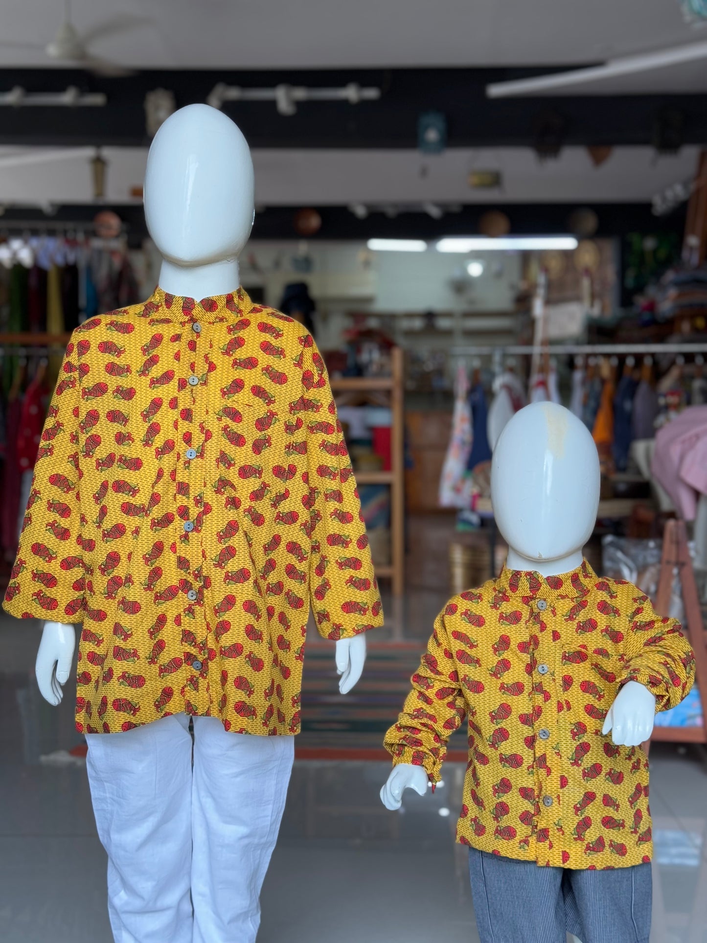 Yellow fish in water hand block print cotton band collared shirt for boys