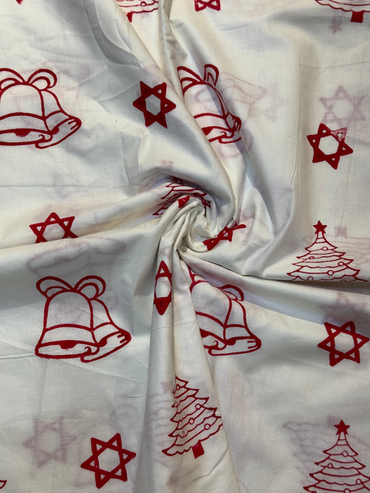 Christmas themed white hand block printed cotton fabric