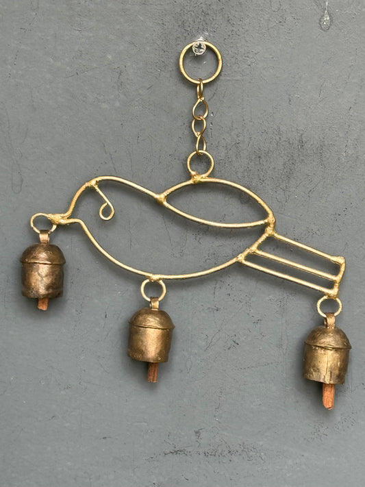 Bird handcrafted copper bell hanging with 3 bells