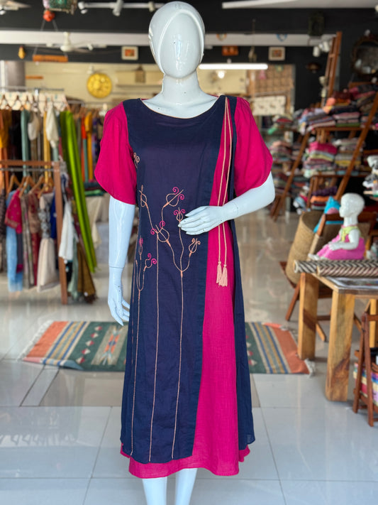 Blue and pink, hand embroidered, layered cotton dress