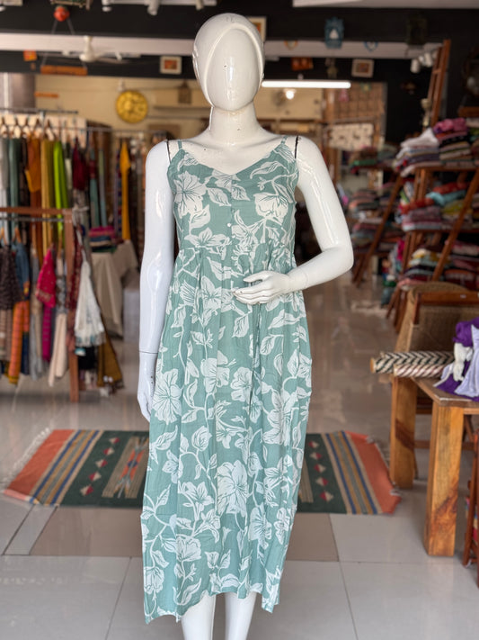 Sage green leaves printed strappy cotton dress