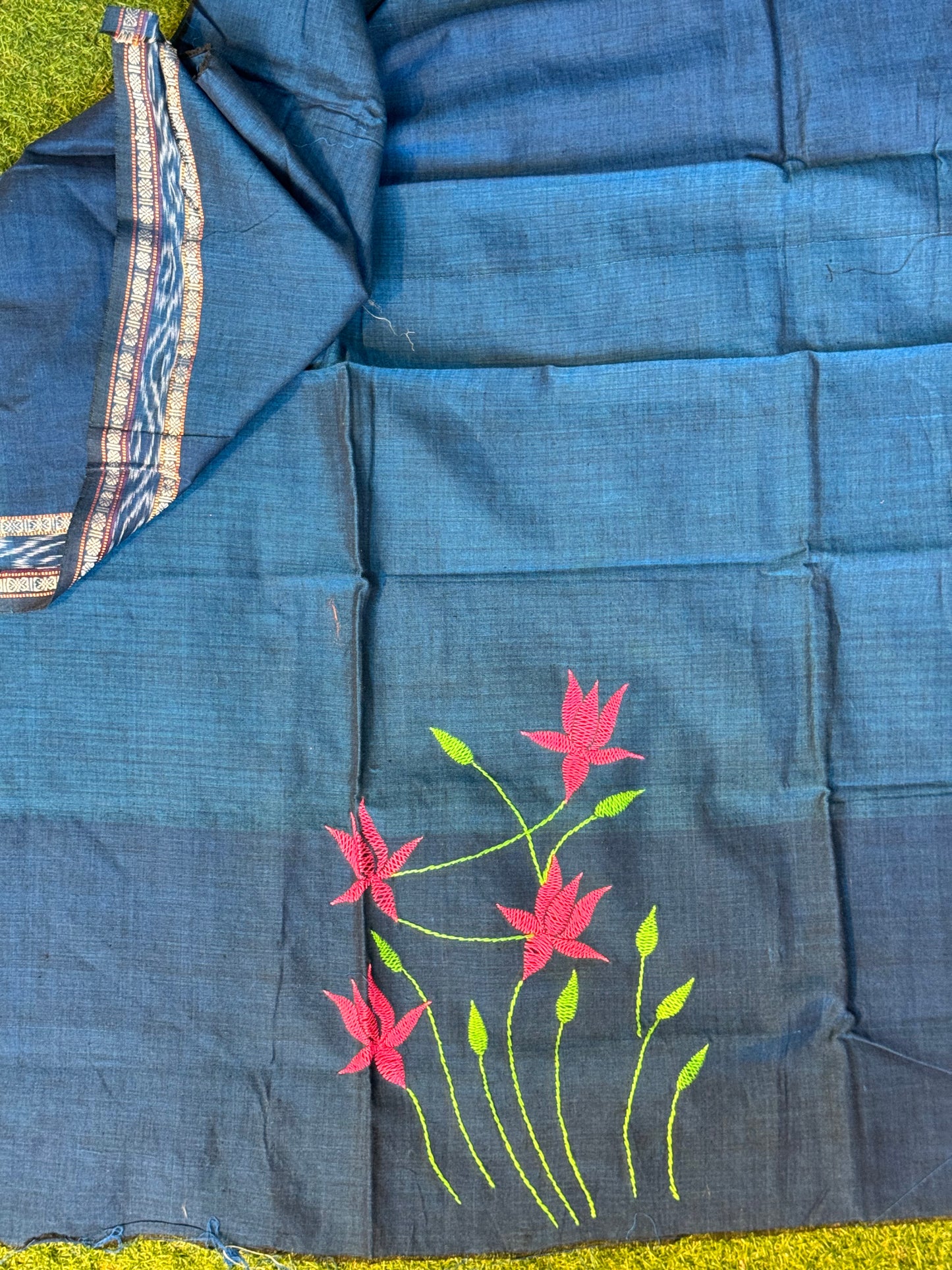 Hand painted / embroidered on handloom cotton - unstitched blouse fabric