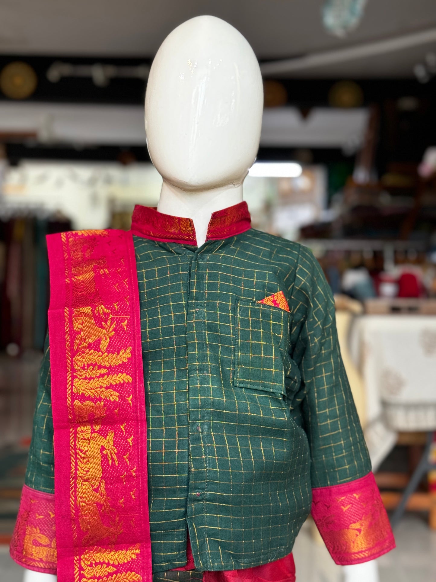 Green and maroon cotton shirt, dhoti pants and kanduva set for boys