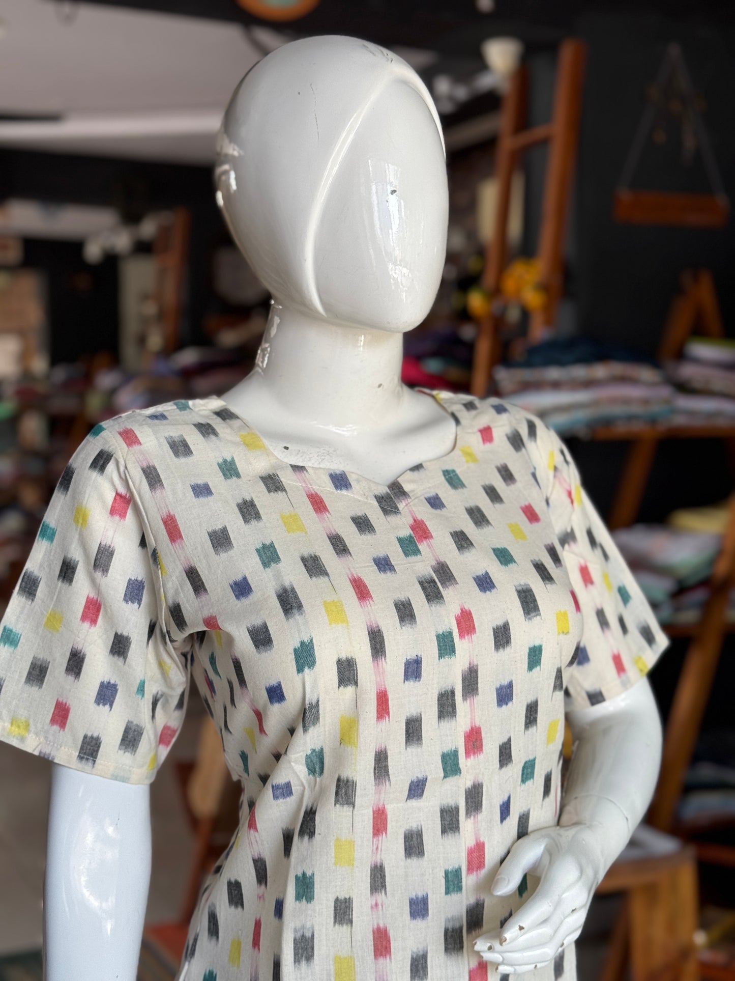 Ikat off white cotton handloom top with colorful rectangle design