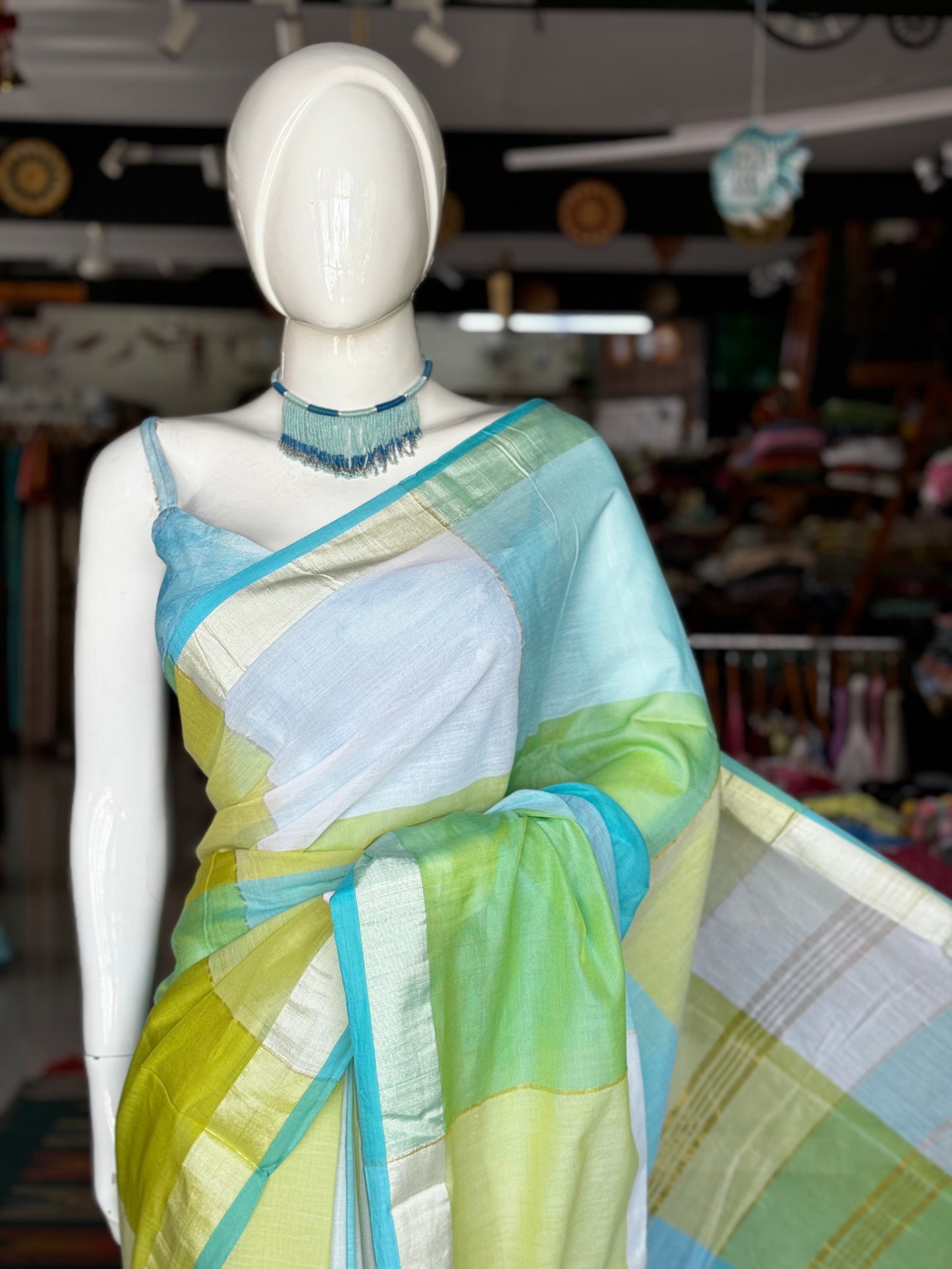 Blue green and white pastel color block handwoven cotton saree