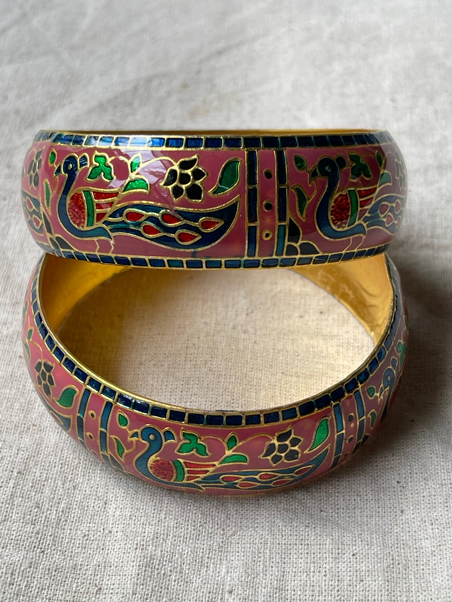 Lacquer enamel bangles pair with peacock motifs